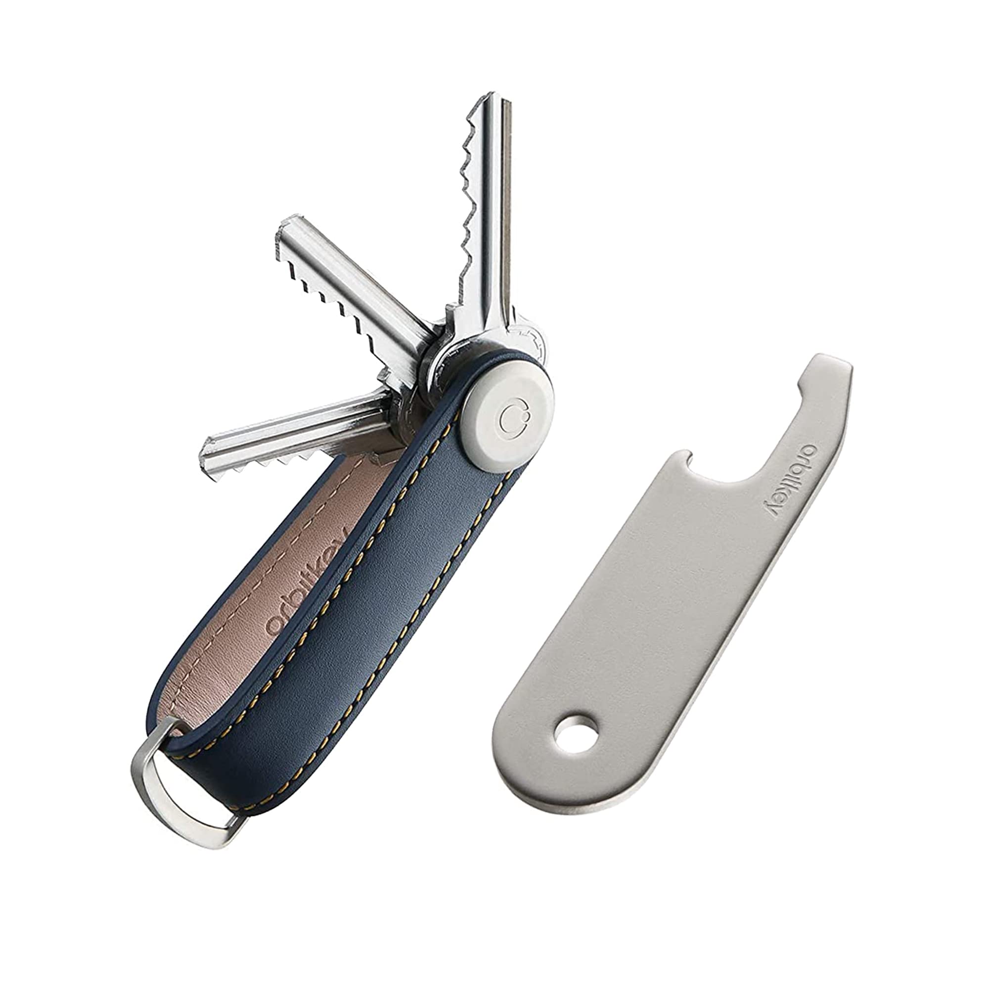 Orbitkey Genuine Leather Key Organizer - Navy Blue with Tan Stitching, Built-in Bottle Opener, Key Ring Holder | Compact & Stylish Keychain for Men & Women | Perfect for Home, Office, Travel & Everyday Carry