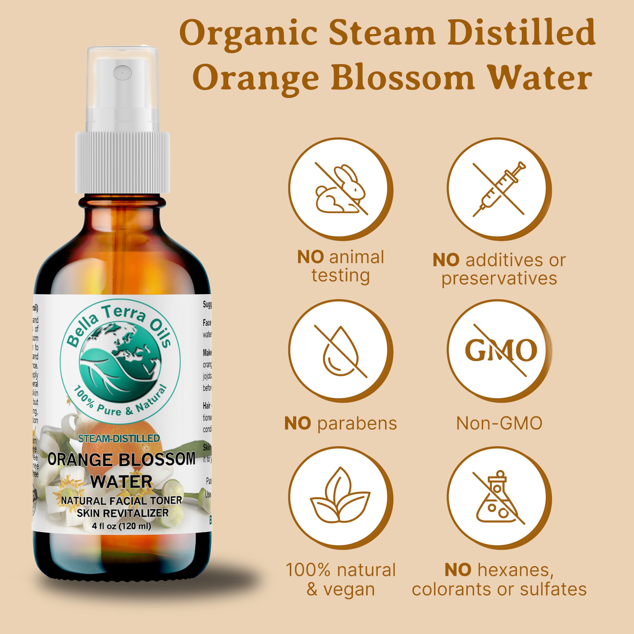 Bella Terra Oils Orange Blossom Water (Neroli Hydrosol) - 1 Gallon Natural Skin Refresher for Radiant Glow, Pure Aromatherapy Hydrosol | Perfect for Facial Toner, DIY Skincare & Relaxing Baths