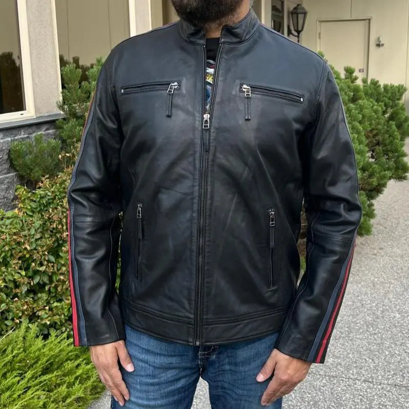 Premium Men's Lamb Leather Jacket with Classic Stripes - Stylish Biker Jacket for Casual Wear & Night Out