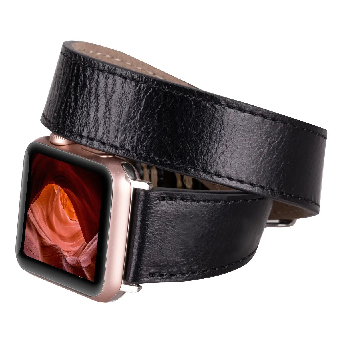 Premium Black Leather Double Tour Strap for Apple Watch - Stylish & Comfortable Replacement Band for Work, Travel & Everyday Wear
