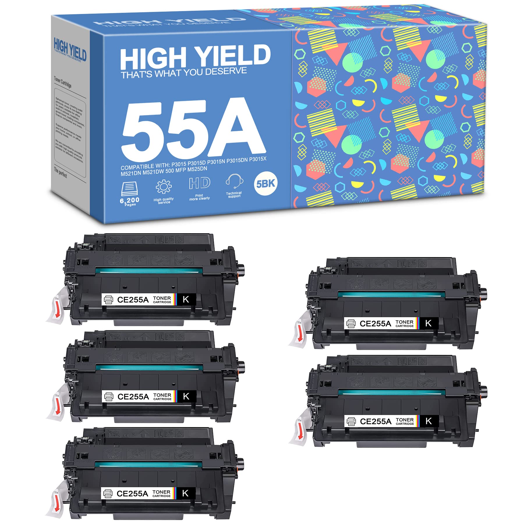 HP 55A CE255A Compatible Toner Cartridge (5-Pack, Black) - Replacement for HP MFP M521dw, M525dn, M525f, M525c, P3015 Series Printers | High-Yield Printing for Office & Home Use | Sold by Smart