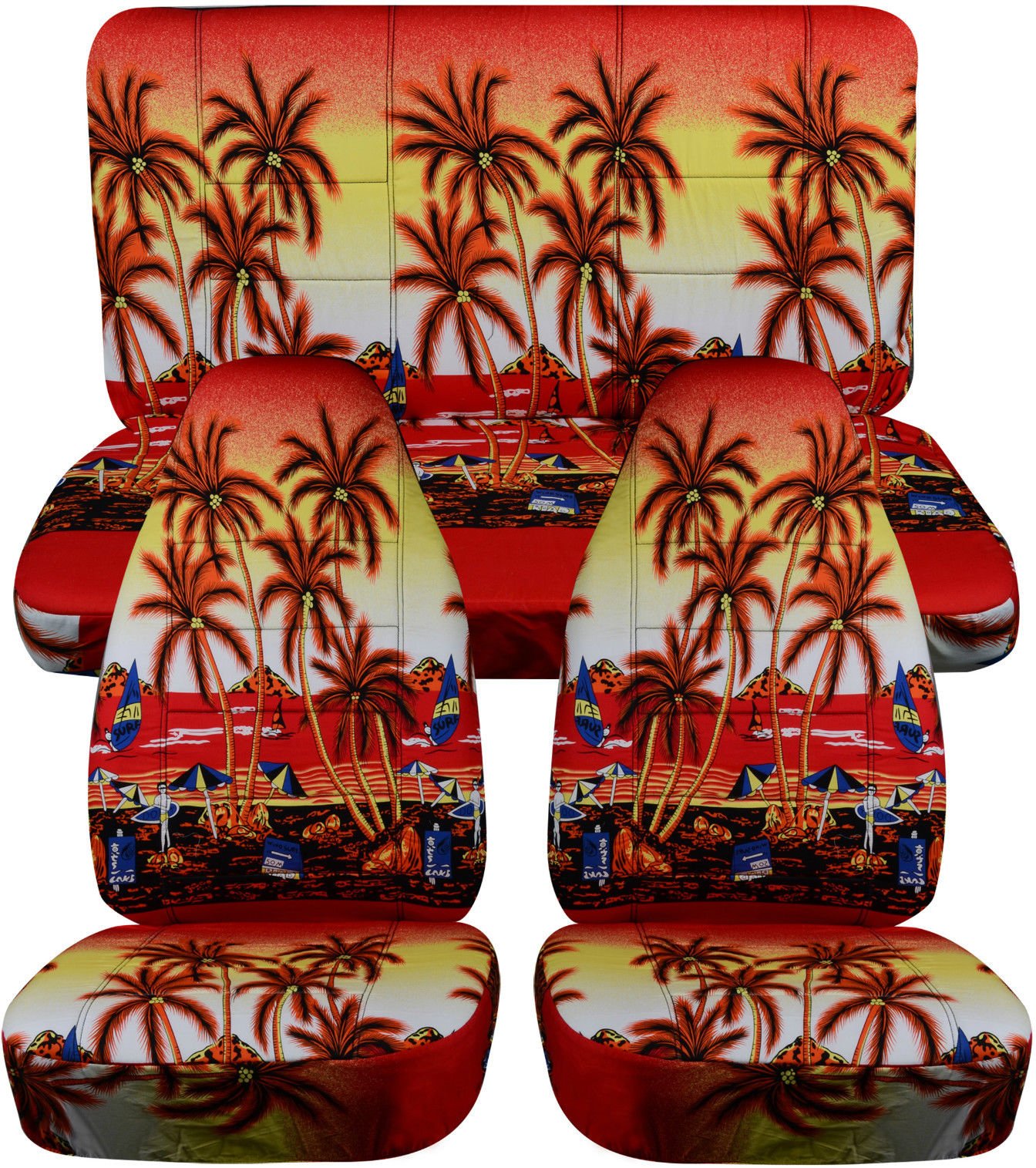 Hawaiian Seat Covers for 1997-2006 Jeep Wrangler TJ - Red Palm Tree Design Full Set (Front & Rear, 4 Prints) - Perfect for Beach Trips & Tropical Adventures