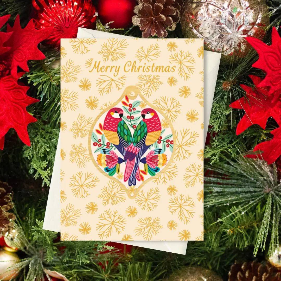 Rosella Birds Christmas Card & Wooden Ornament - Festive Holiday Greeting Card with Handcrafted Wooden Bauble for Tree Decorations and Gift Giving