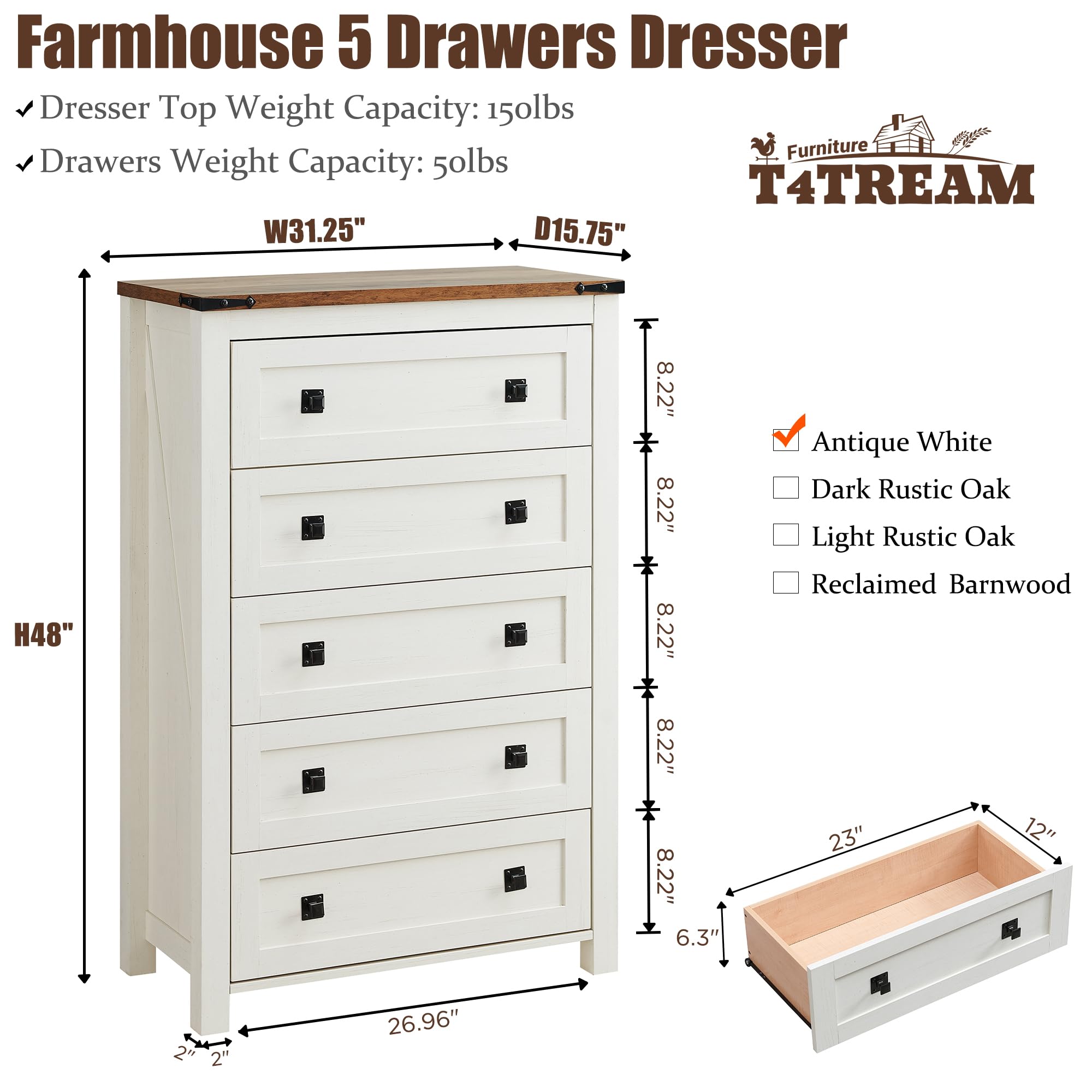 T4TREAM Farmhouse 5-Drawer Dresser Chest - Rustic Wood Tall Chest of Drawers for Bedroom Storage - Antique White Dresser Organizer for Bedroom, Living Room & Hallway - Perfect for Home Decor, Guest Rooms & Closet Organization