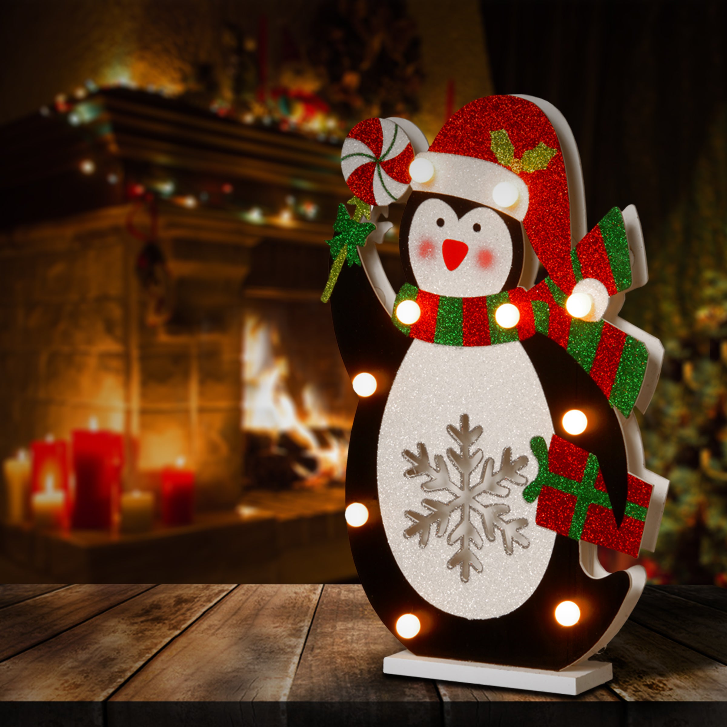 17 Inch Pre-Lit Wooden Penguin Christmas Decoration - Perfect for Holiday Tree, Mantel, and Festive Home Decor