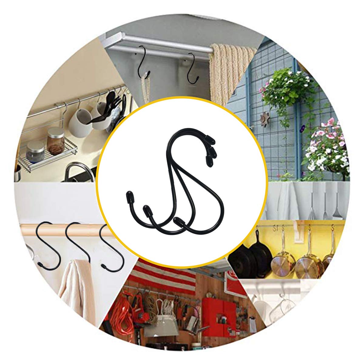 20 Pack S-Shaped Hanging Hooks for Kitchen - Heavy Duty Pot Pan Hooks for Pots, Pans, Plants, Bags & Towels - Space Saving Organizer for Kitchen, Bathroom, Bedroom & Office (Black) - Perfect for Cabinet Doors, Shelves & Wall Mounting