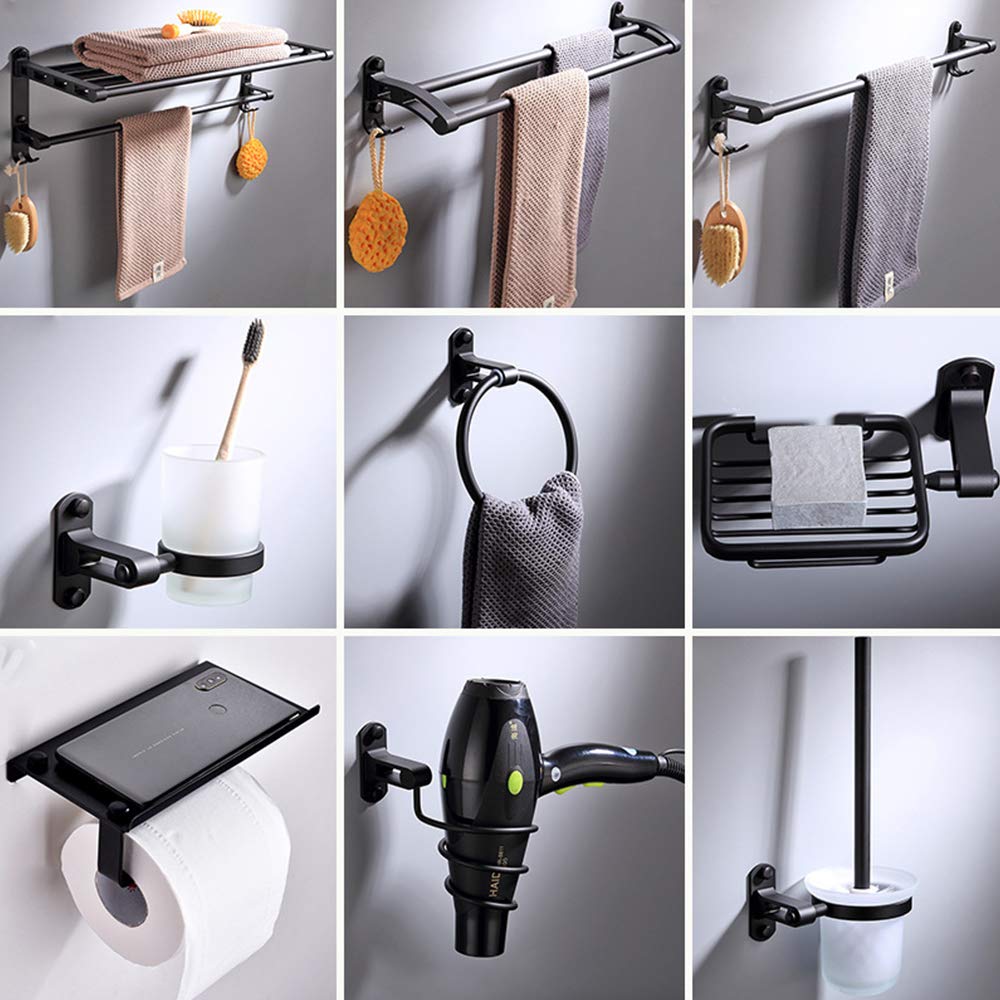 9-Piece Matte Black Bathroom Accessory Set - Wall Mounted Towel Bar with Double Rod, Towel Ring, Hair Dryer Holder, Toilet Paper Holder & Brush Holder - Modern Bathroom Organization for Home & Hotel Use