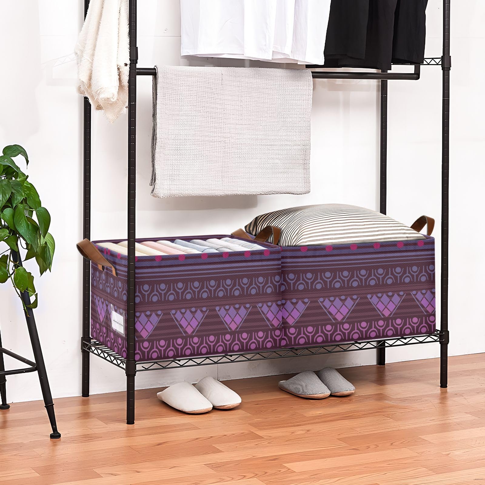 Yuiboo Decorative Shelf Baskets - 2 Pack Boho Fabric Storage Bins with Handles, Ethnic Purple Closet Organizers for Bedroom, Bathroom & Living Room Storage Solutions