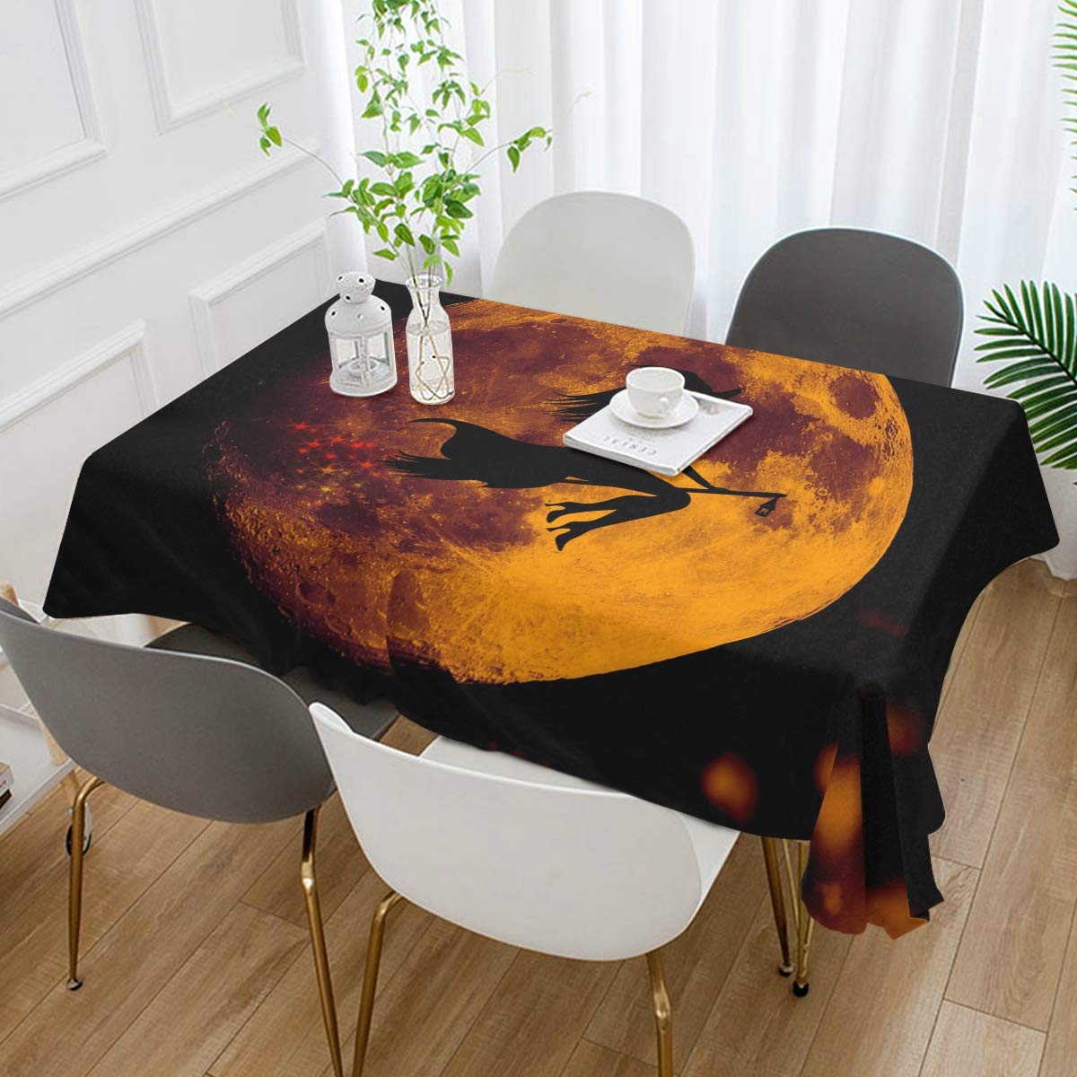 Happy Halloween Witch Silhouette Moon Pattern Tablecloth - 54 x 54 Inch Square Wrinkle-Resistant Table Cover for Dining, Kitchen, Halloween Parties & Home Decor