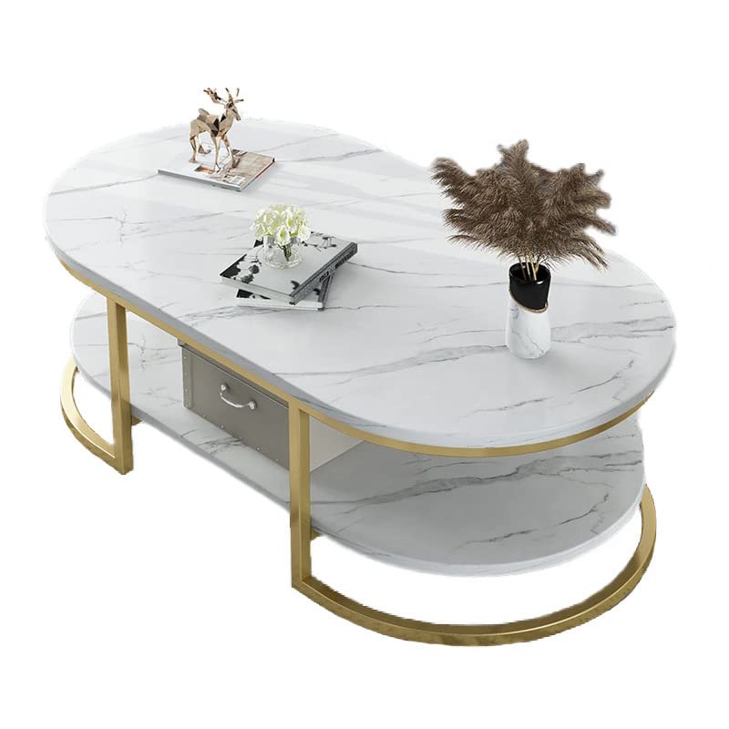 Modern Oval Faux Marble Coffee Table with Gold Metal Frame - Living Room Center Table with Storage Shelf - Cocktail Table for Small Spaces - 18