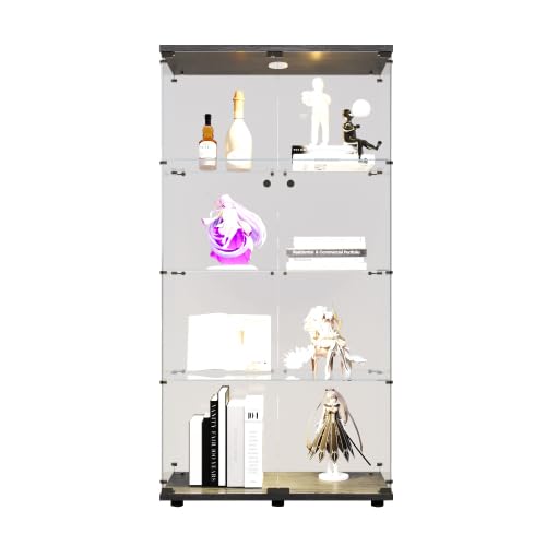 KEIKI 4-Tier Glass Display Cabinet with LED Lights - Lockable Curio Cabinet for Trophy Collections, Home Decor & Retail Displays - Black Standing Glass Shelf with Doors & Handle