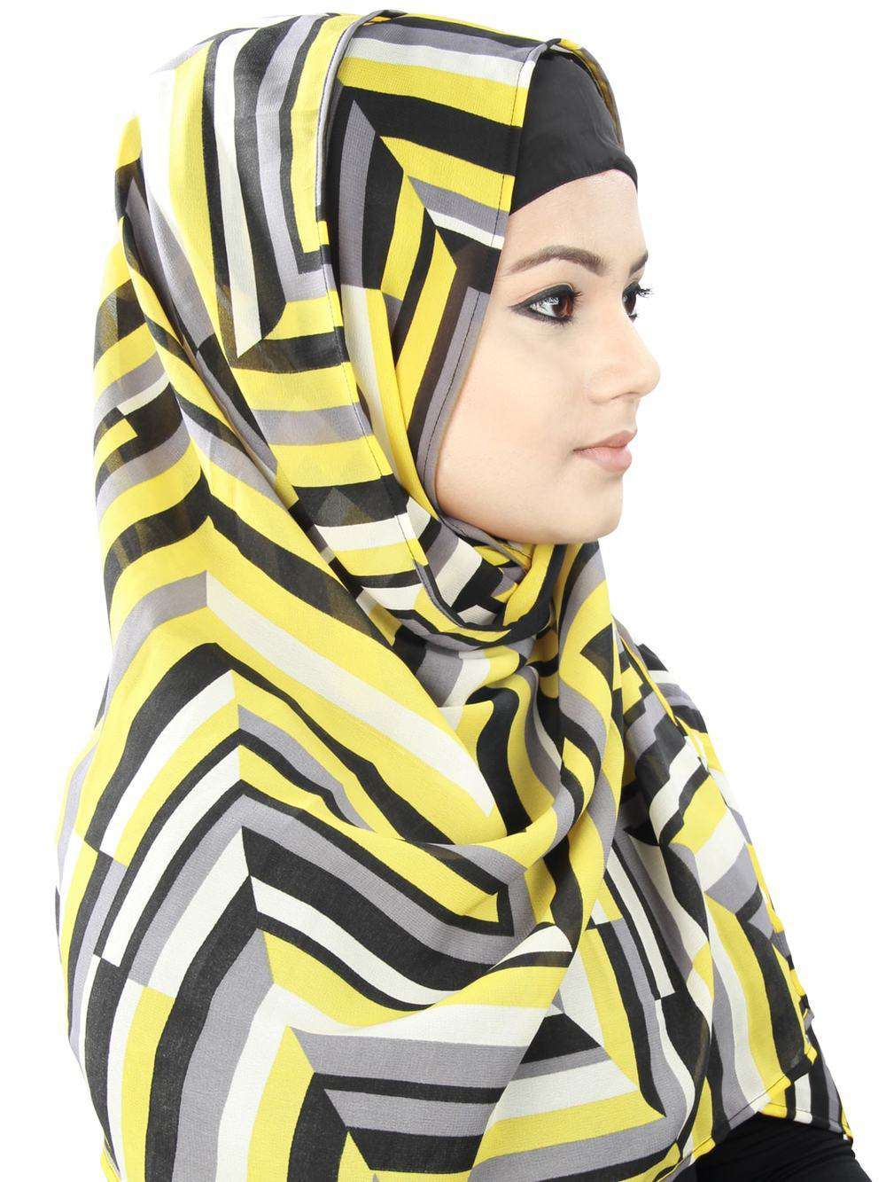 Fatim Yellow & Black Printed Georgette Hijab Scarf - Modest Muslim Headscarf for Women - Perfect for Daily Wear, Prayer & Special Occasions