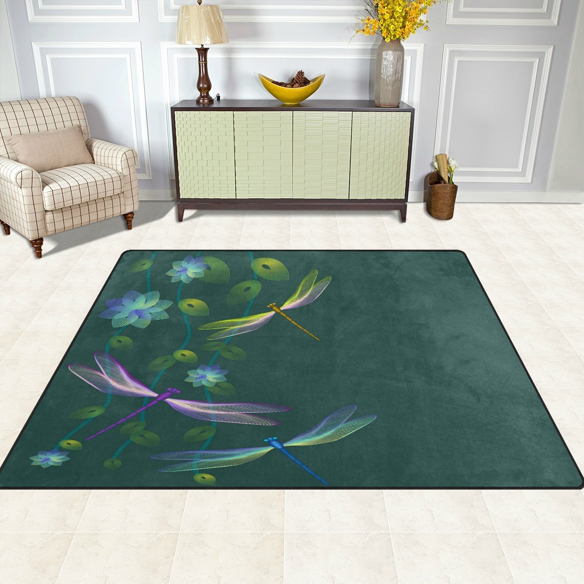 ALAZA Blue Floral Dragonfly Print Area Rug - 7' x 5' Soft Non-Slip Living Room Bedroom Rug - Perfect for Boho Home Decor, Nursery & Dorm Room Floor Covering