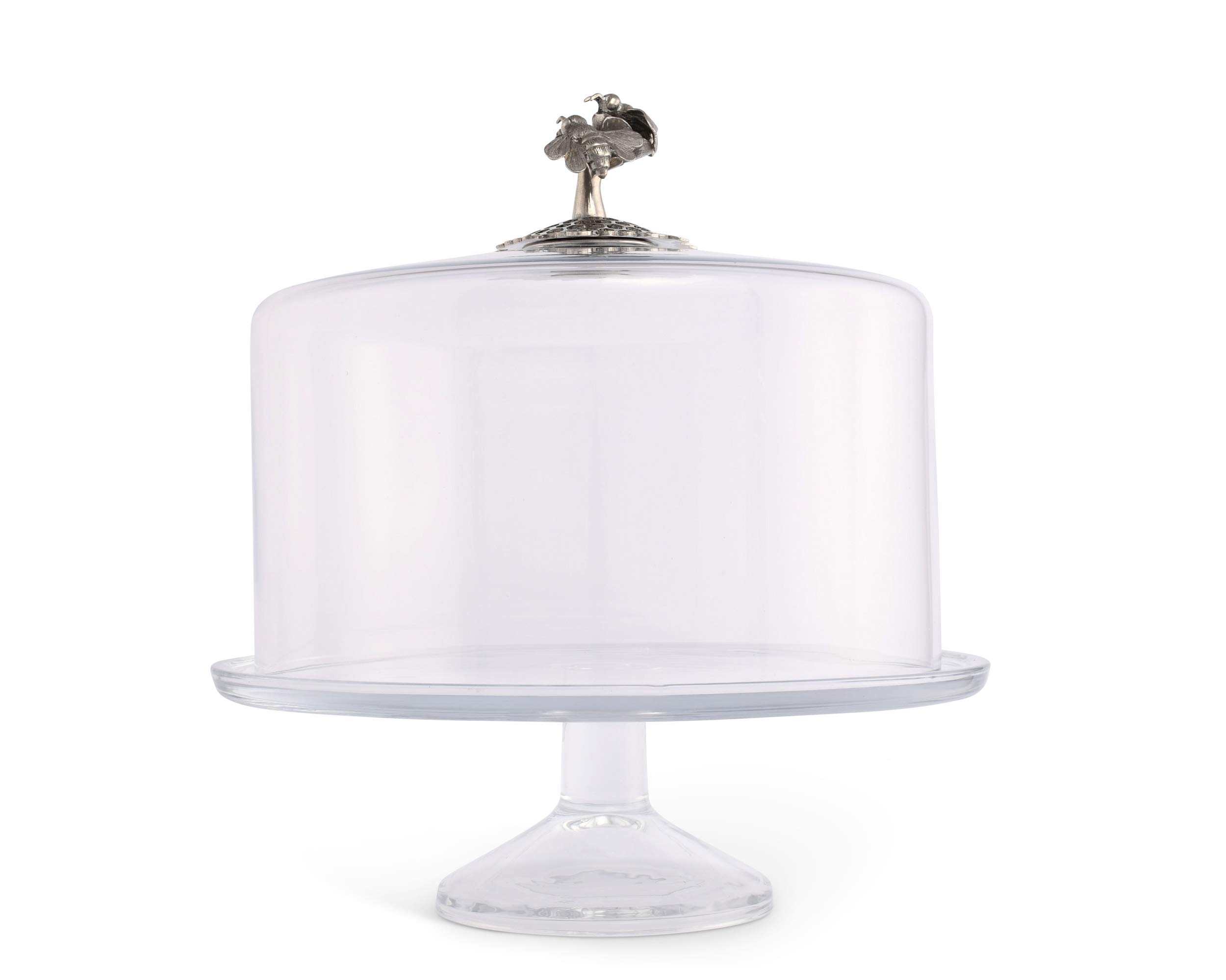 Handblown Glass Cake Stand with Dome Cover & Pewter Honey Bee Knob - 13