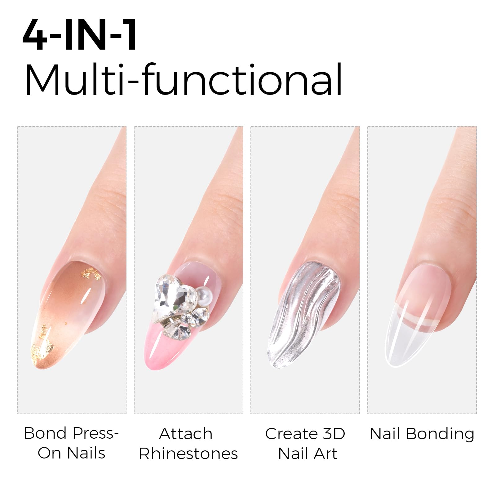 TOMICCA UV Nail Glue - 4 in 1 Strong Gel Nail Adhesive for Artificial Nails & Tips (30g) - Requires UV/LED Lamp Curing - Perfect for Salon, Home Manicures & Nail Extensions