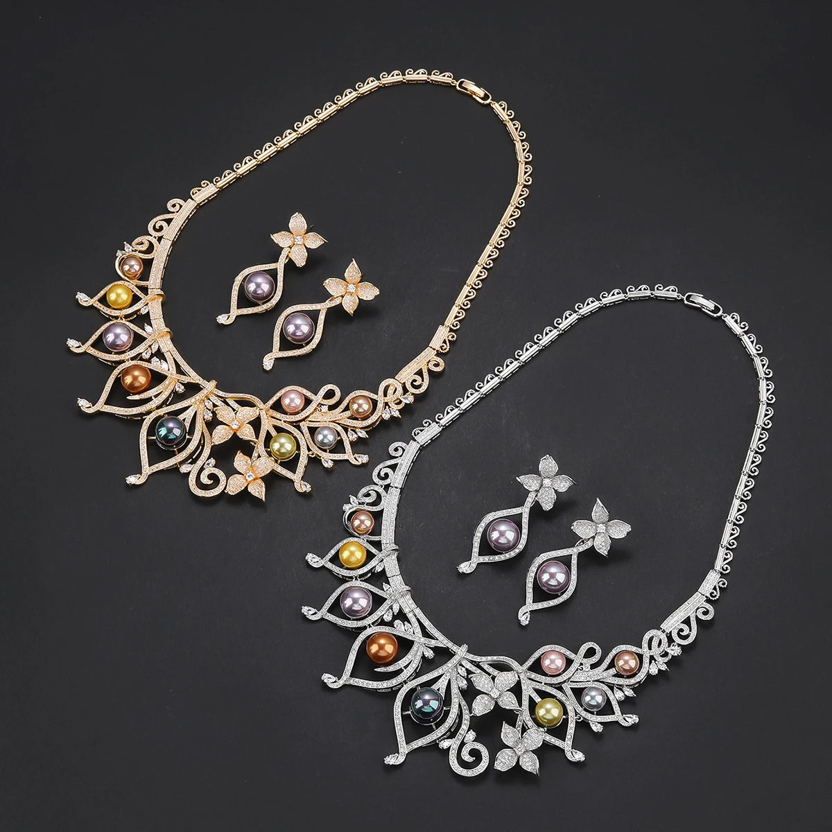 2 Pcs Cubic Zirconia Pearl Flower Necklace & Earrings Set for Women - Elegant Wedding Jewelry, Bridal Party Accessories, Anniversary Gift - Perfect for Weddings, Proms, and Special Occasions