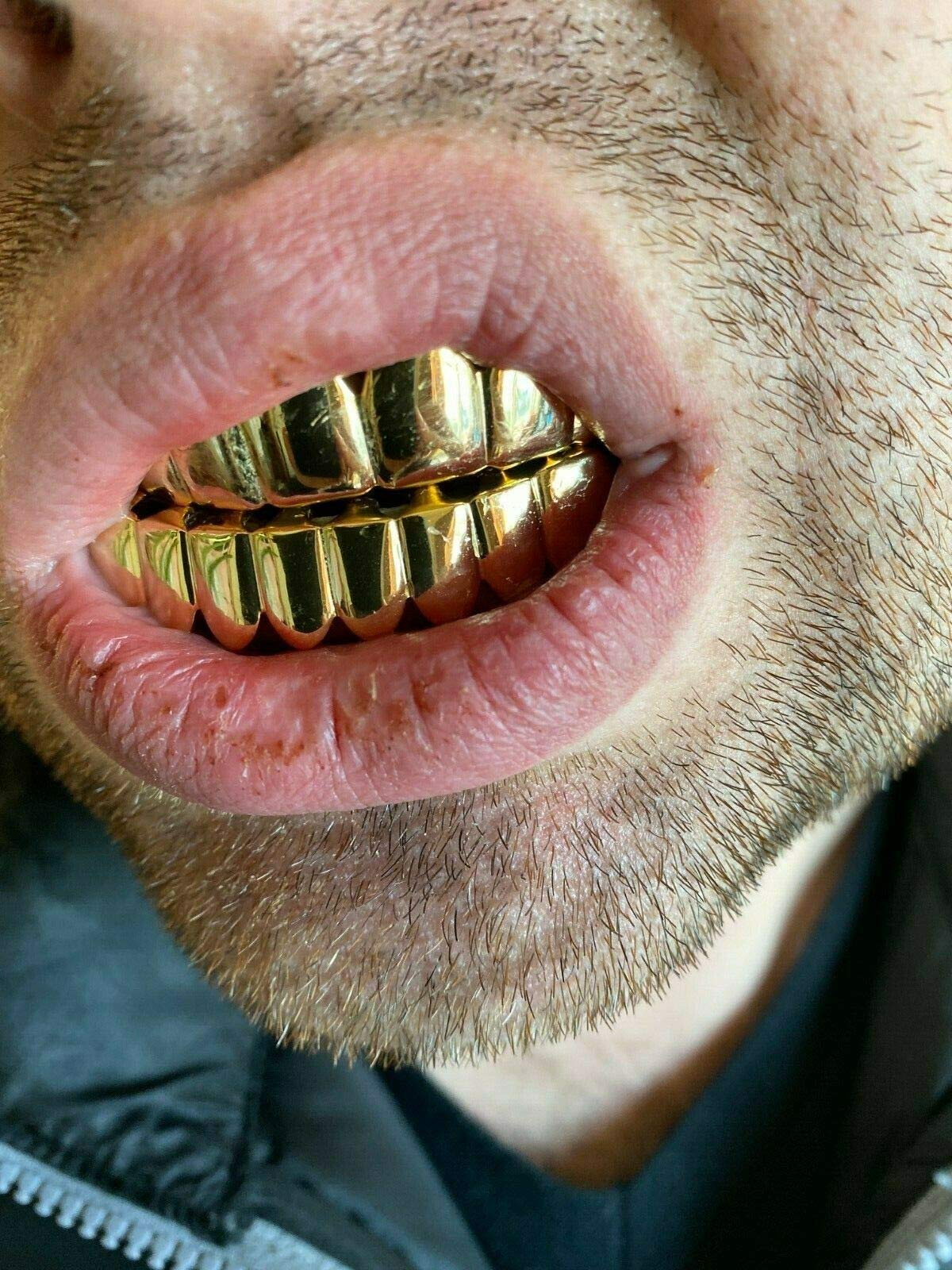 14K Gold Plated 925 Sterling Silver Grillz - Custom Top & Bottom Teeth Jewelry - Real Solid Silver (Not Brass) - Perfect for Hip Hop Fashion & Special Occasions