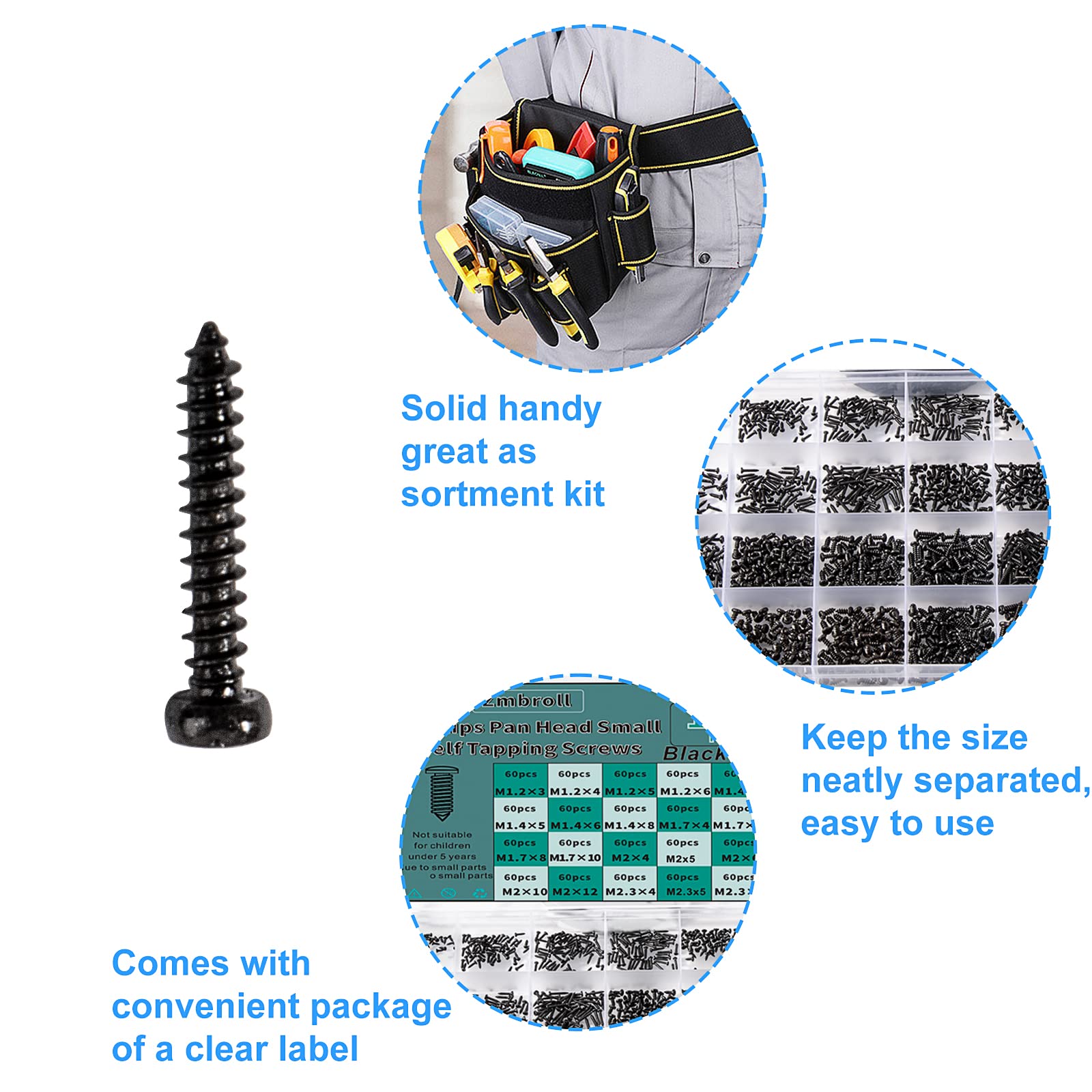 1440Pcs Black Small Self Tapping Screws - M1.2 to M2.3 Phillips Pan Head Micro Screws (24 Size Assortment Kit) for Electronics, DIY Projects, Phone & Laptop Repairs
