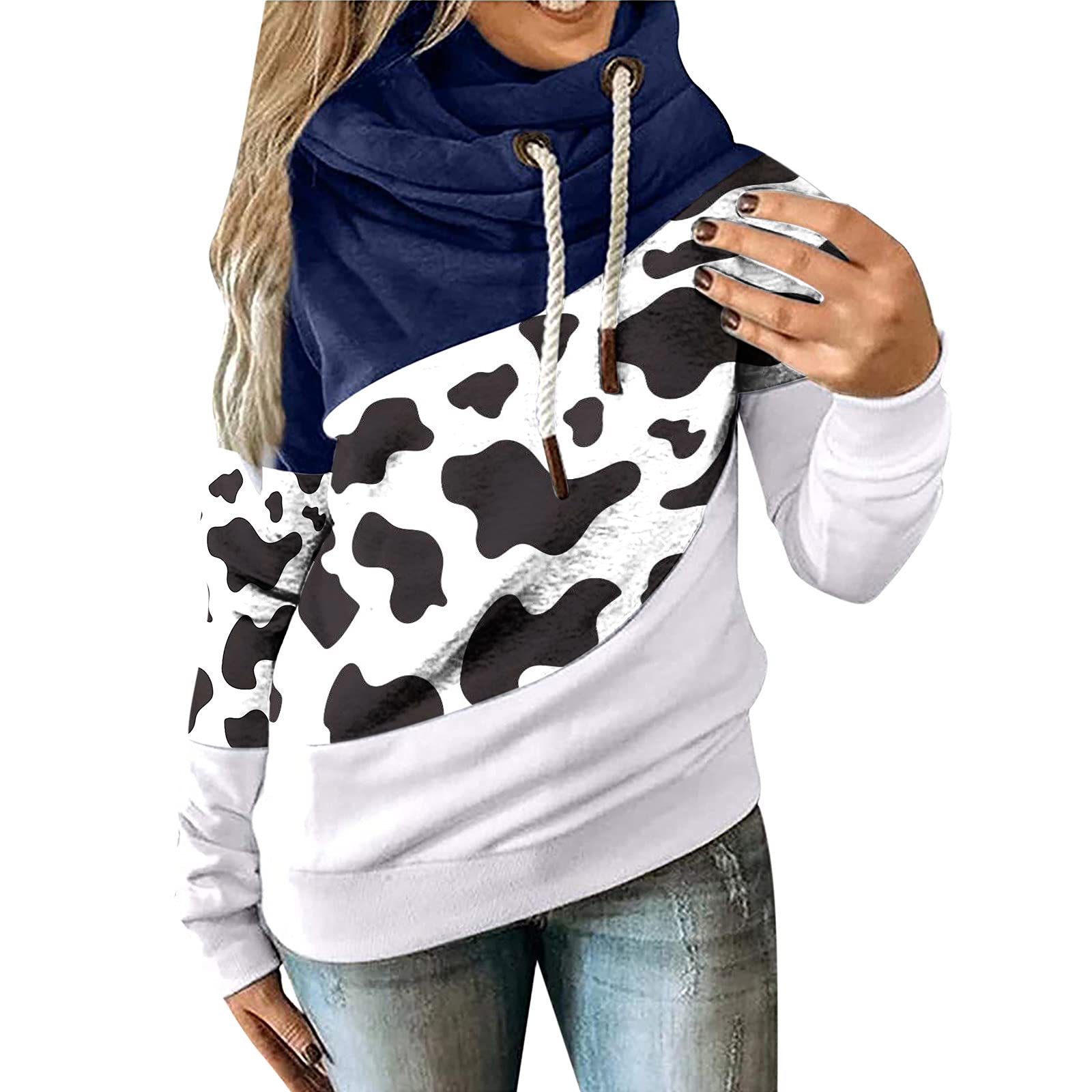 Women's Cute Cow Print Pullover Sweatshirt - Turtleneck Long Sleeve Drawstring Top for Winter Warmth | Perfect Christmas Outfit & Casual Daily Wear