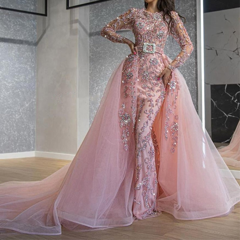 Lovevop 2024 Sparkly Beaded Pink Mermaid Prom Dress with Detachable Train - Long Sleeve Formal Evening Gown for Homecoming, Pageant, and Special Occasions