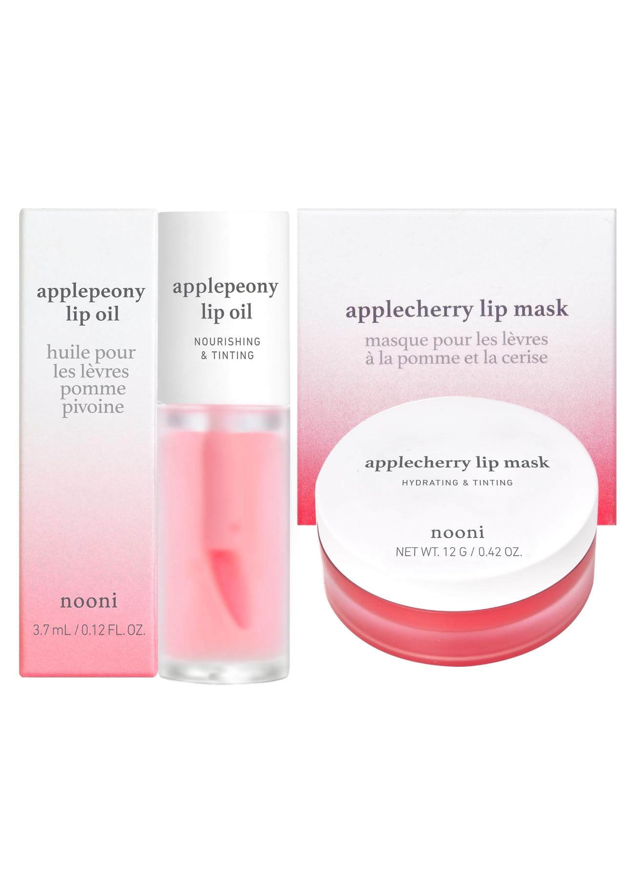 NOONI Korean Vegan Lip Oil - Apple Peony Flavor, 0.12 Fl. Oz + Korean Lip Butter Melting Balm - Apple Cherry Flavor, Lip Mask Bundle for Dry Lips | Hydrating & Nourishing Lip Care Set | Perfect for Winter, Makeup Prep & Overnight Treatment