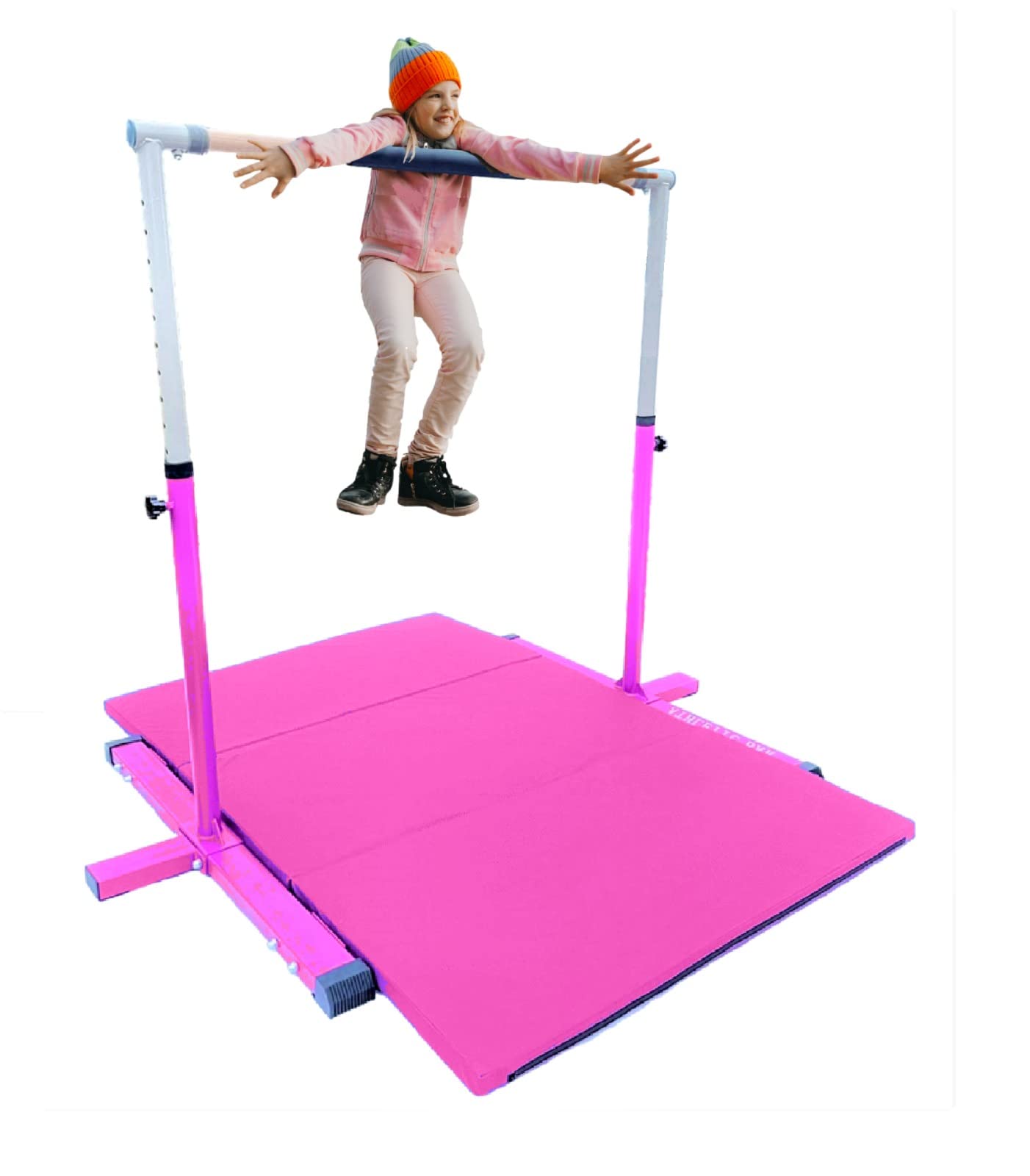 Adjustable Gymnastics Bar for Kids & Adults - 3 to 5 FT Height, with 6'x4' Tumble Mat - Home Gym Equipment for Junior Gymnasts - Expandable Asymmetric Training Bar (Pink) - Perfect for Indoor Practice, Backyard Training & Gymnastics Skill Development