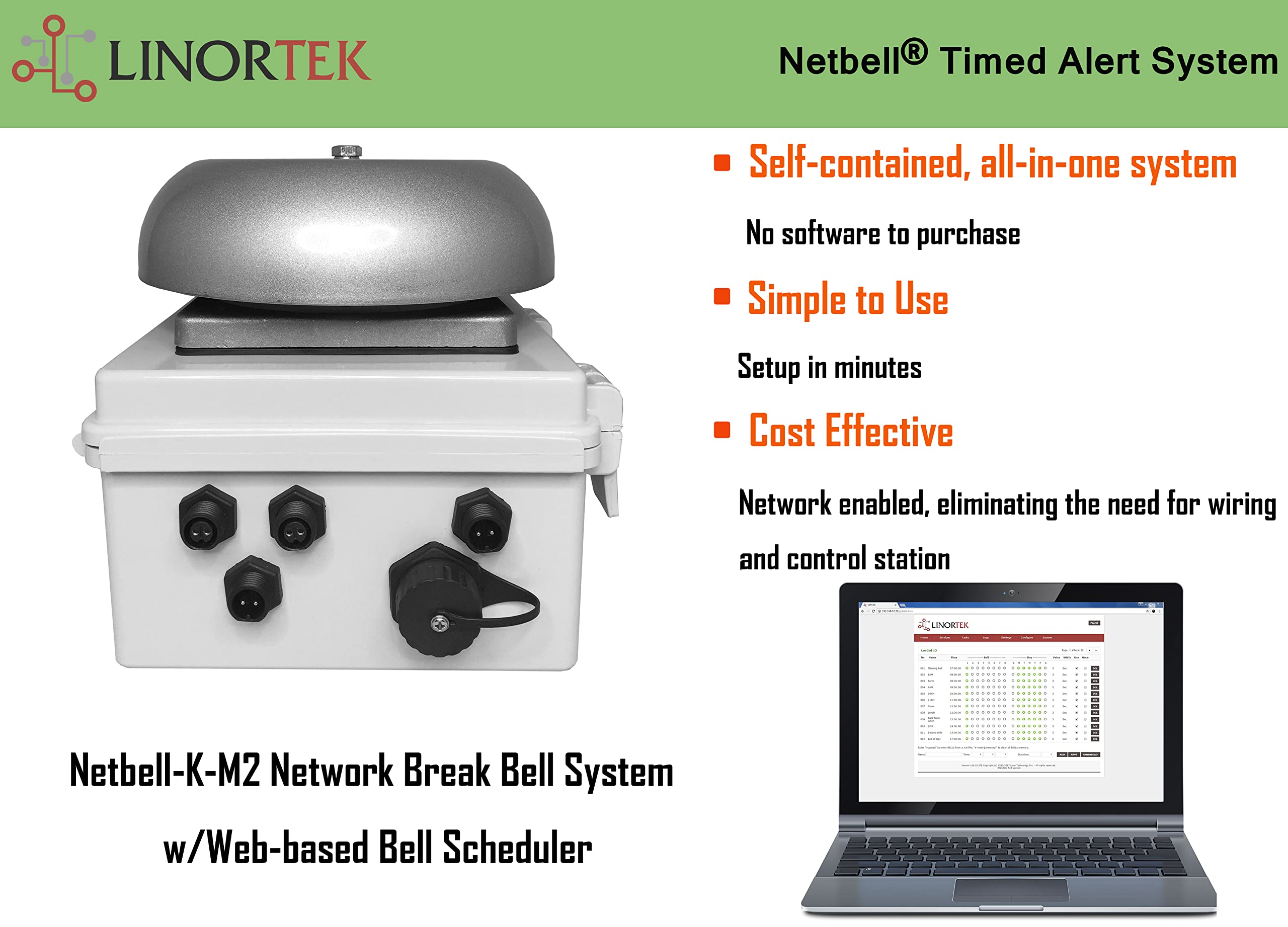 Netbell-K-M2 All-in-One TCP/IP Programmable Electric Bell System - Loud Alarm for Schools, Factories & Warehouses - Automatic Bell Timer with Software (Ideal for Class Changes, Shift Alerts & Emergency Notifications)