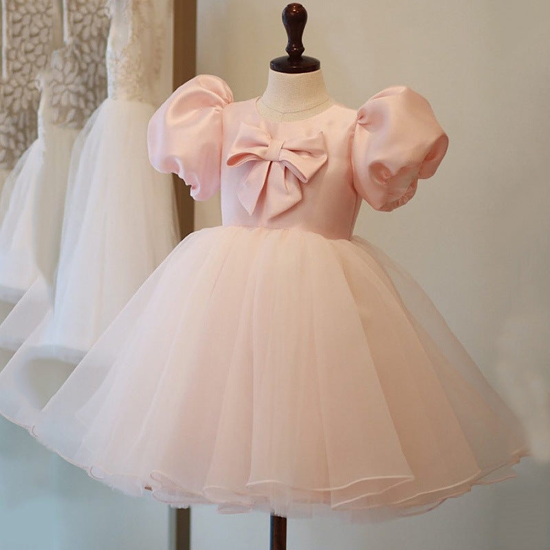Pink Princess Satin and Tulle Flower Girl Dress with Bows - Elegant Formal Wear for Weddings, Baptisms & Special Occasions