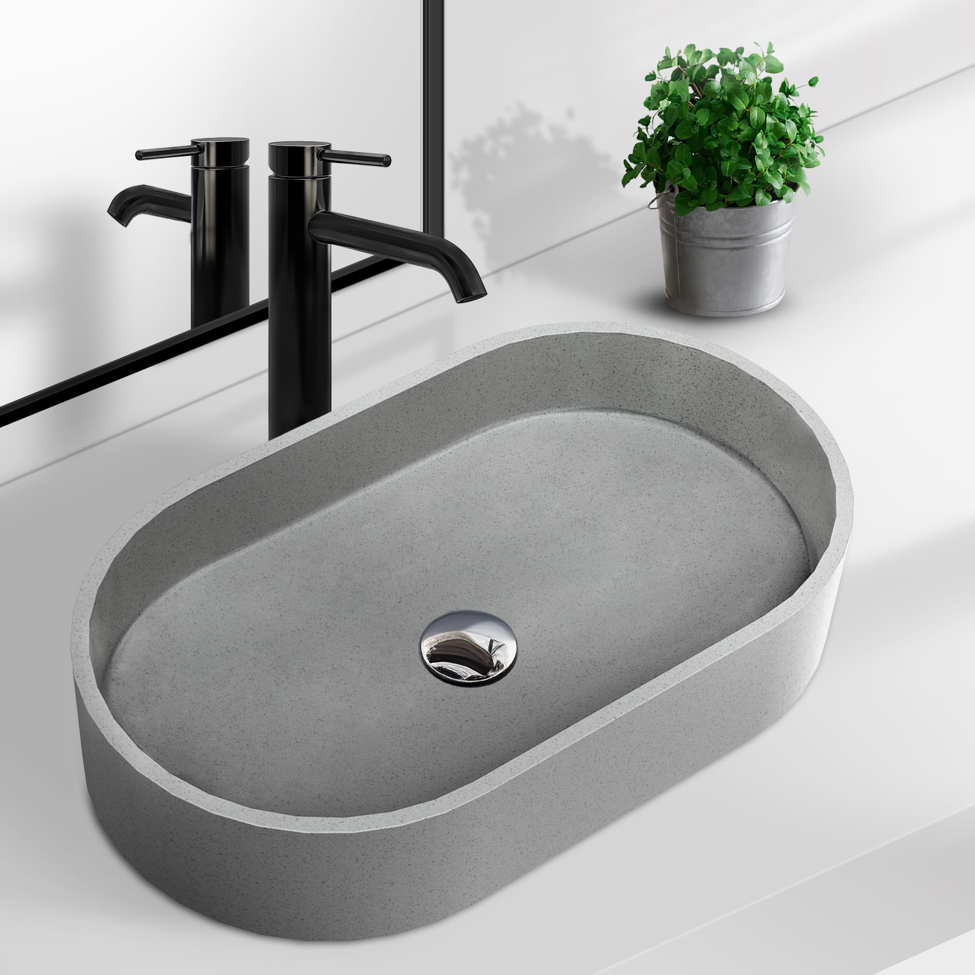 Dolonm Grey Concrete Vessel Sink for Bathroom - 15x11 Inch Oval Bathroom Sink Without Faucet & Drain - Perfect for Modern Vanities, Powder Rooms, and Contemporary Home Decor