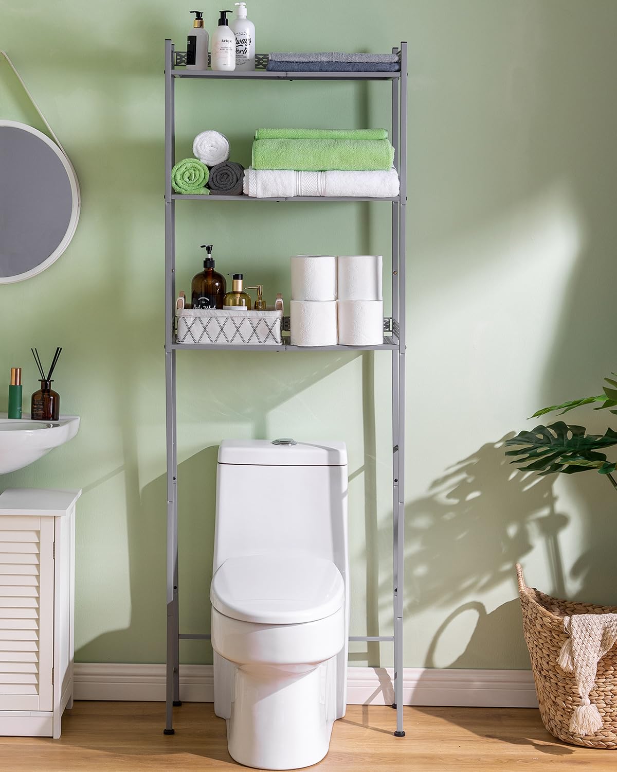 Over The Toilet Storage Shelf - Space Saving Bathroom Organizer with Metal Frame in Light Grey | Perfect for Small Bathrooms, Apartments & Powder Rooms