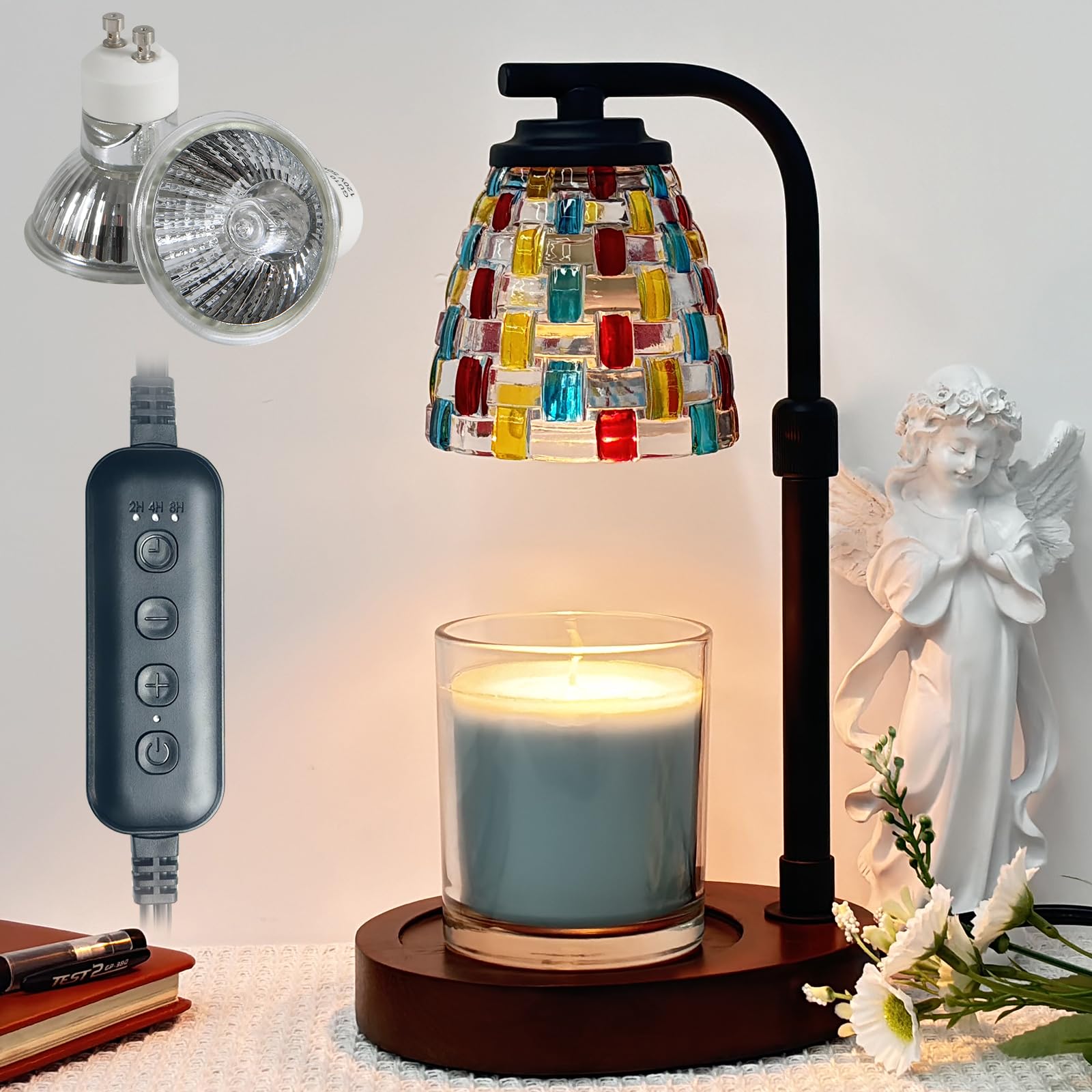 Electric Candle Warmer Lamp with Timer & Dimmable Light - Wooden Base Home Decor with 2 Bulbs (Red + Green) - Perfect Gift for Mom, Christmas, Housewarming - Ideal for Aromatherapy, Relaxation & Cozy Ambiance