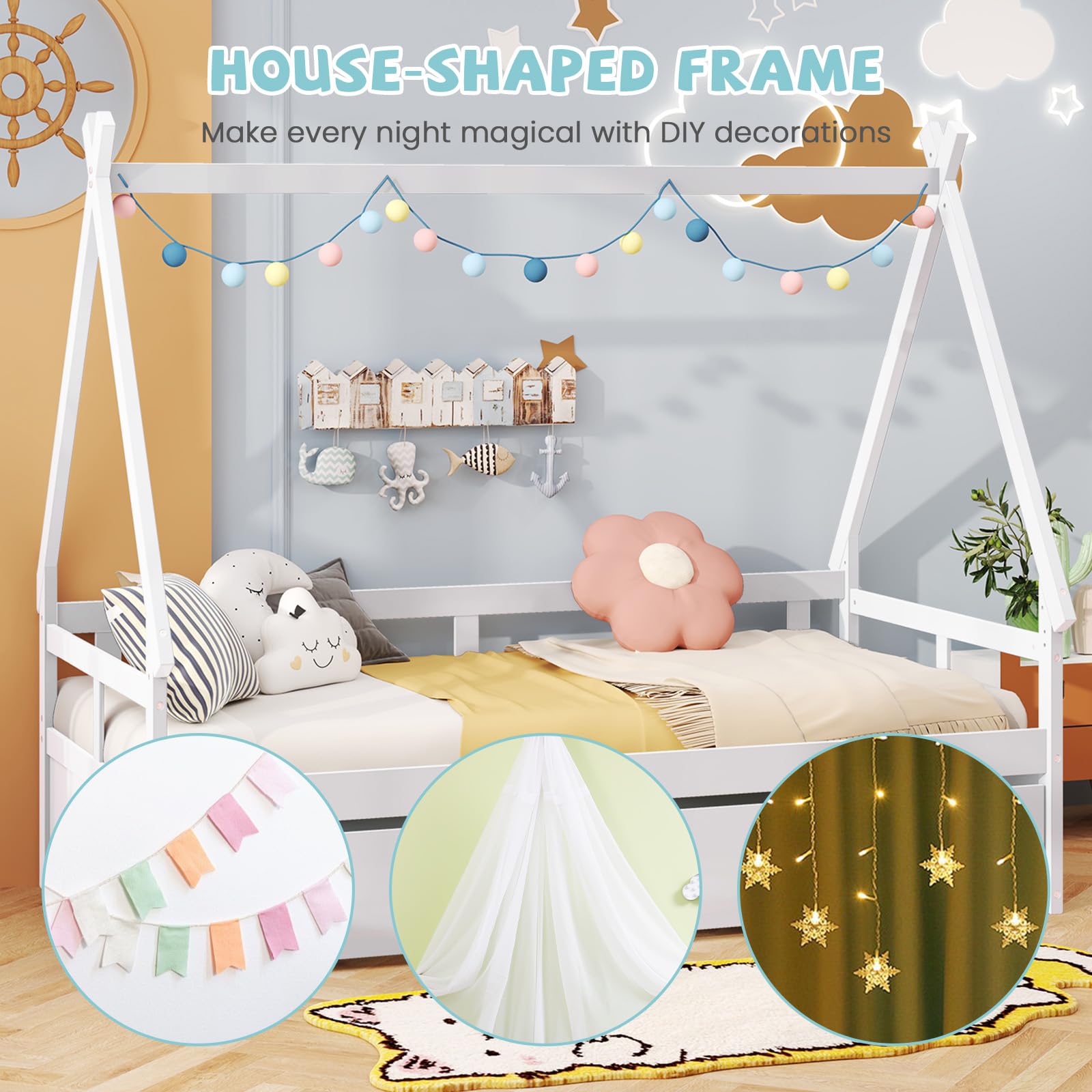 Giantex Twin House Bed with Trundle - Solid Wood Montessori Tent Bed Frame with Safety Guardrail, Low Teepee Bed for Kids & Teens - No Box Spring Needed - Perfect for Bedrooms, Playrooms & Montessori Classrooms (White)