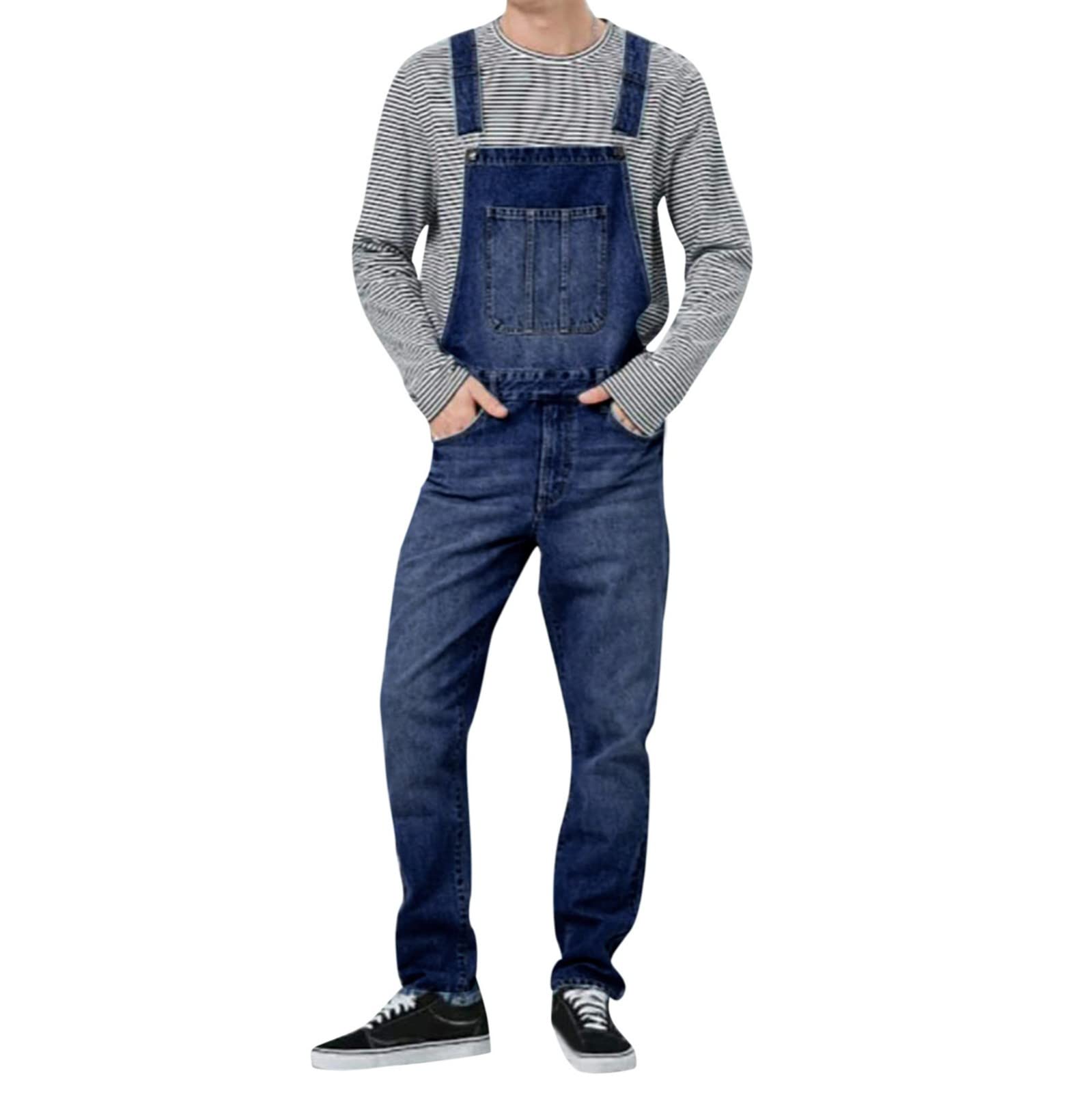 Men's Loose Fit Denim Overalls with Drawstring Waist & Pockets - Casual Solid Color Trousers for Work & Outdoor Activities