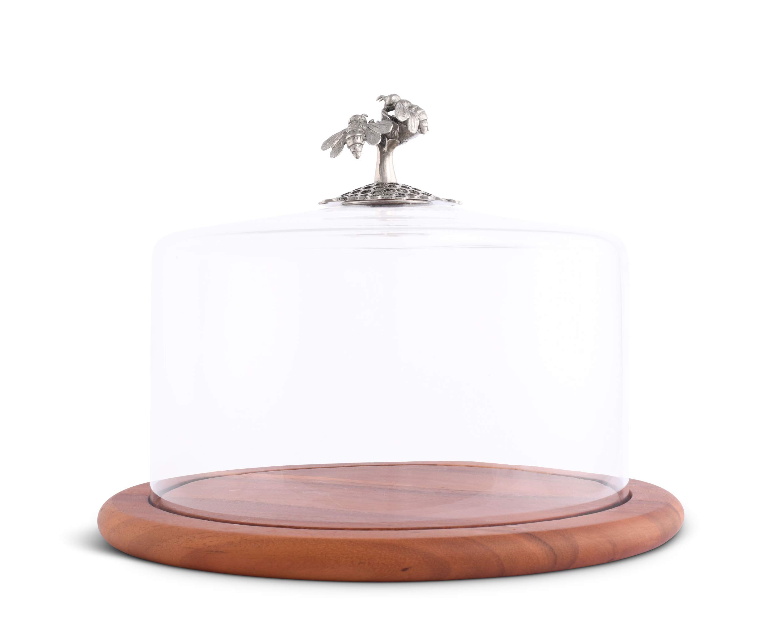 Handcrafted Wood Cheese Board with Glass Dome Cover & Solid Pewter Honey Bee Knob - 13