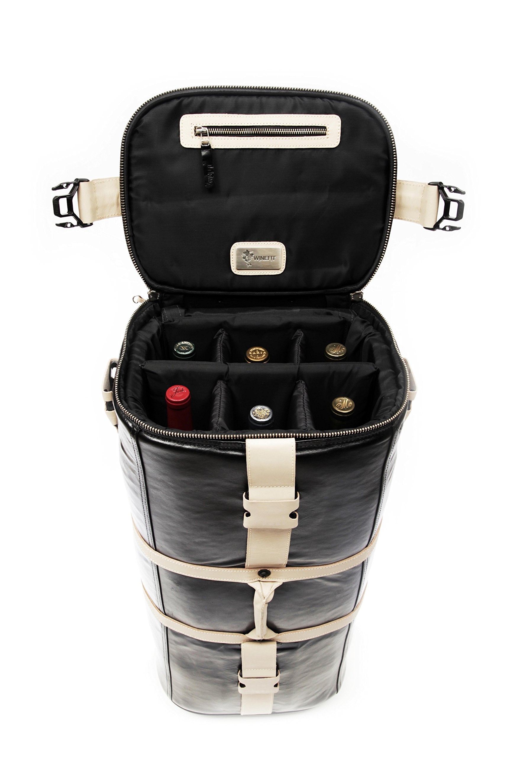 12 Bottles Leather Wine Carrier Travel Bag (Black & Tan) - Perfect for Wine Tours, Gifts & Airplane Travel Accessories