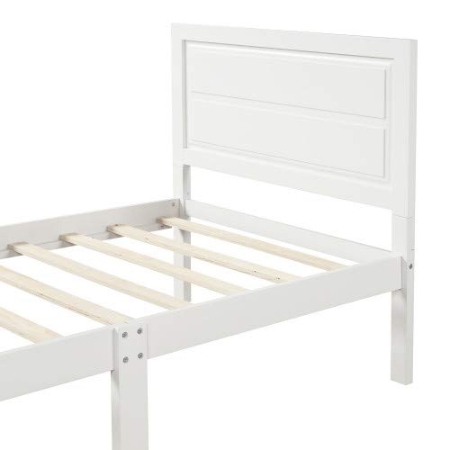 White Wood Twin Bed Frame with Headboard & Support Slats - Sturdy Platform Bed Foundation for Kids Room, Guest Bedroom & Small Spaces