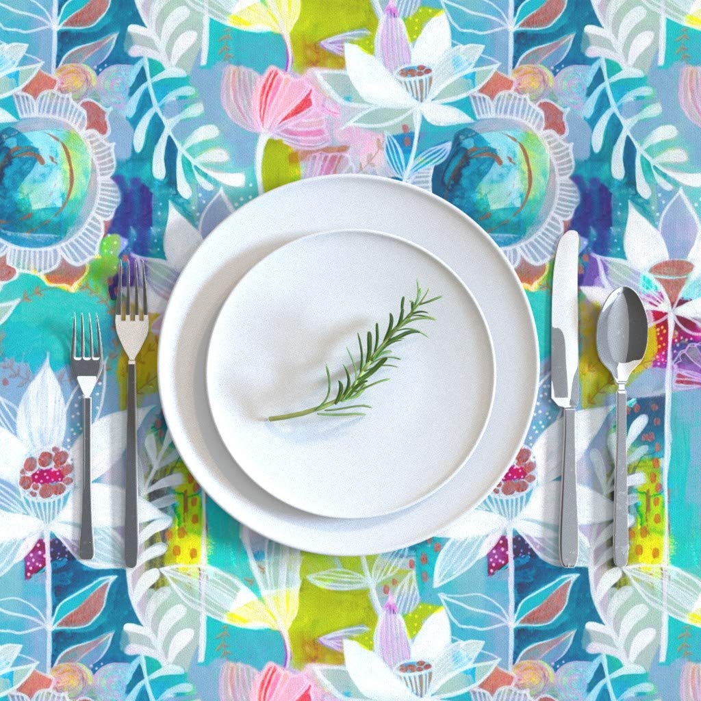 Magic Lotus Floral Turquoise Boho Paint Pink Watercolor Cotton Sateen Tablecloth 70x108 Inches - Abstract Jungle Tropical Print Custom Table Linens for Dining Room, Kitchen, Party & Outdoor Decor