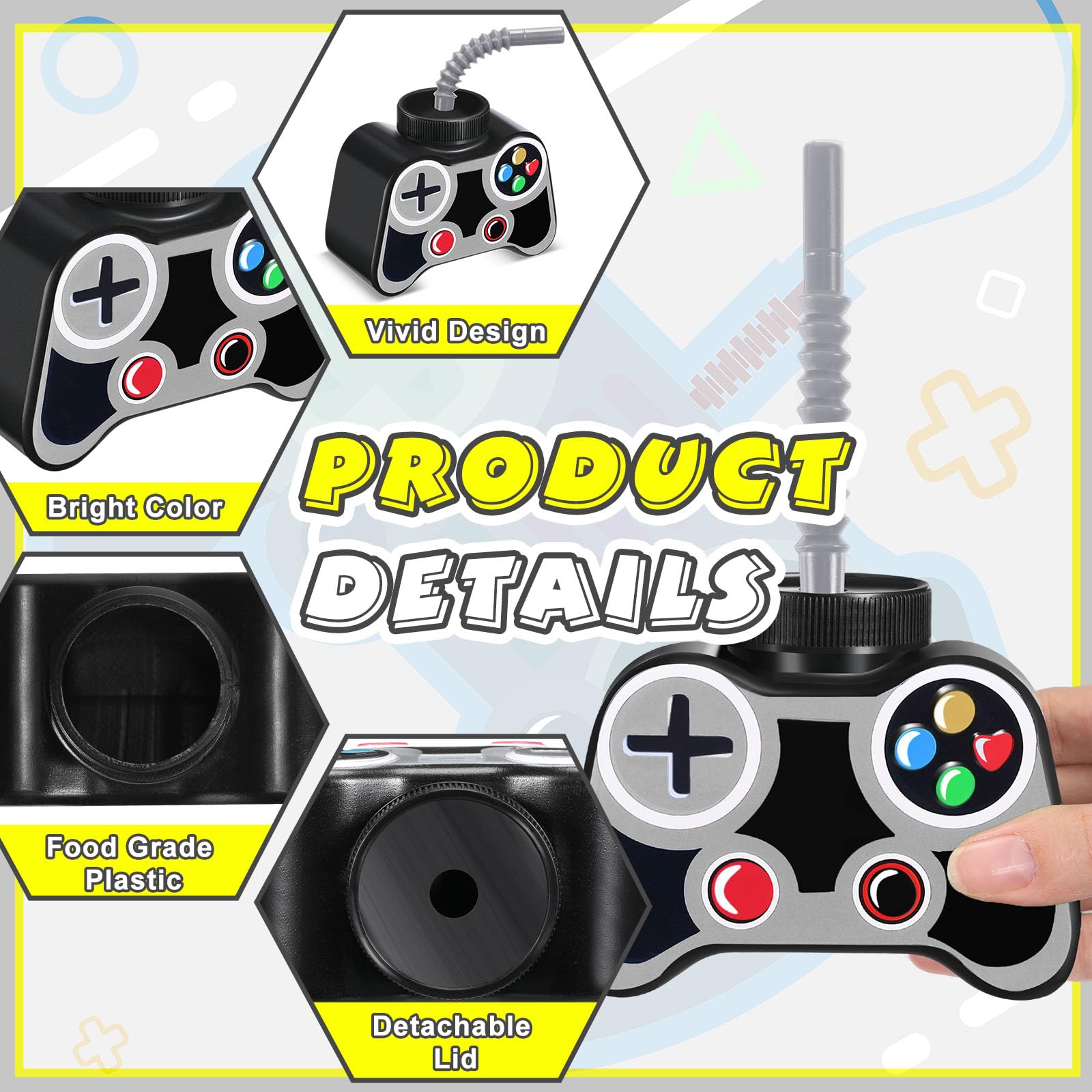 12 Pack 10oz Plastic Video Game Themed Cups with Straw & Lid - Gray Gaming Party Drinkware for Boys Birthday, Game Night & Esports Events