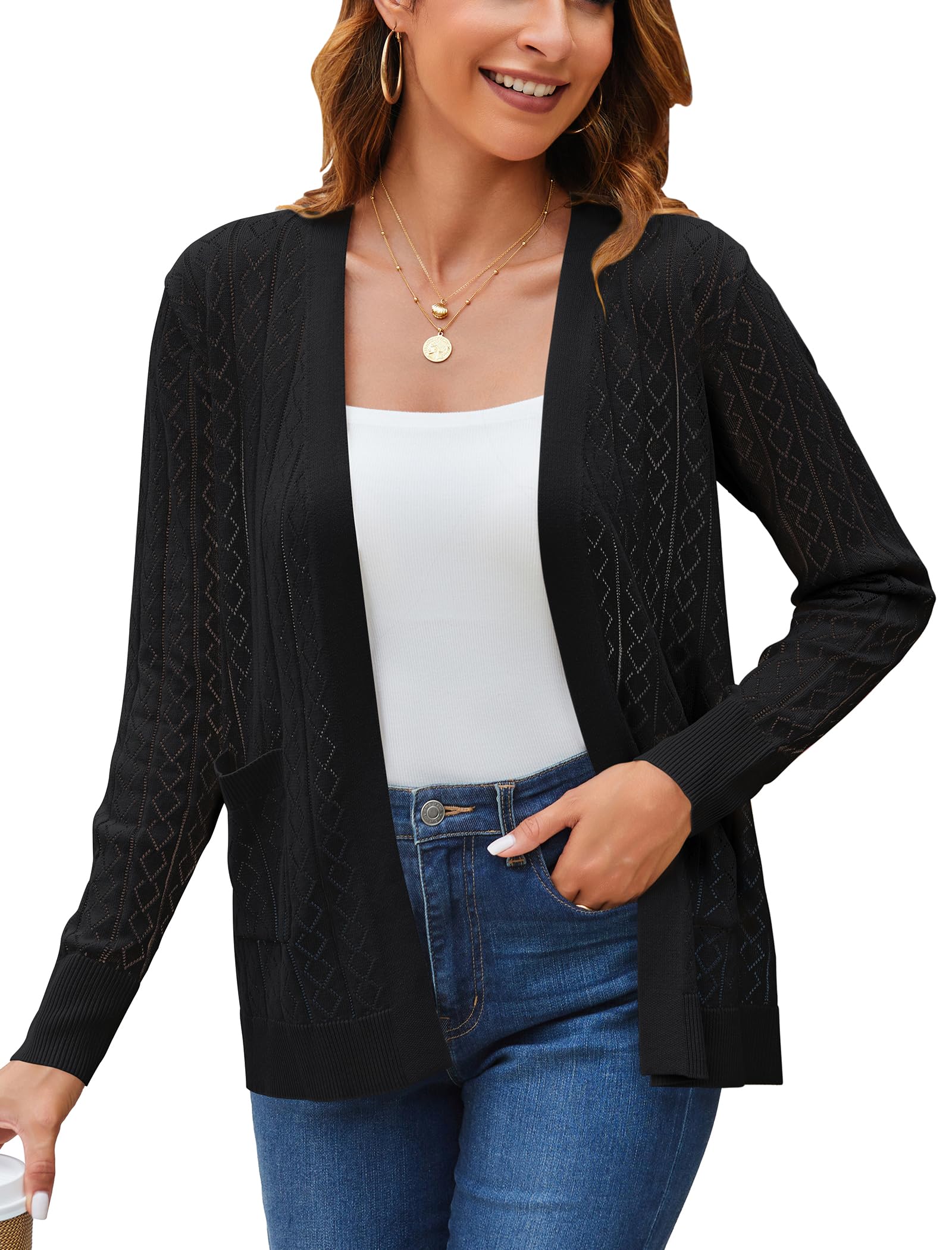 Yekaty Women's Lightweight Crochet Cardigan Sweater - Long Sleeve Open Front Lace Knit Pullover with Pockets | Perfect for Spring, Summer, Beach Cover Up & Boho Fashion Outfits