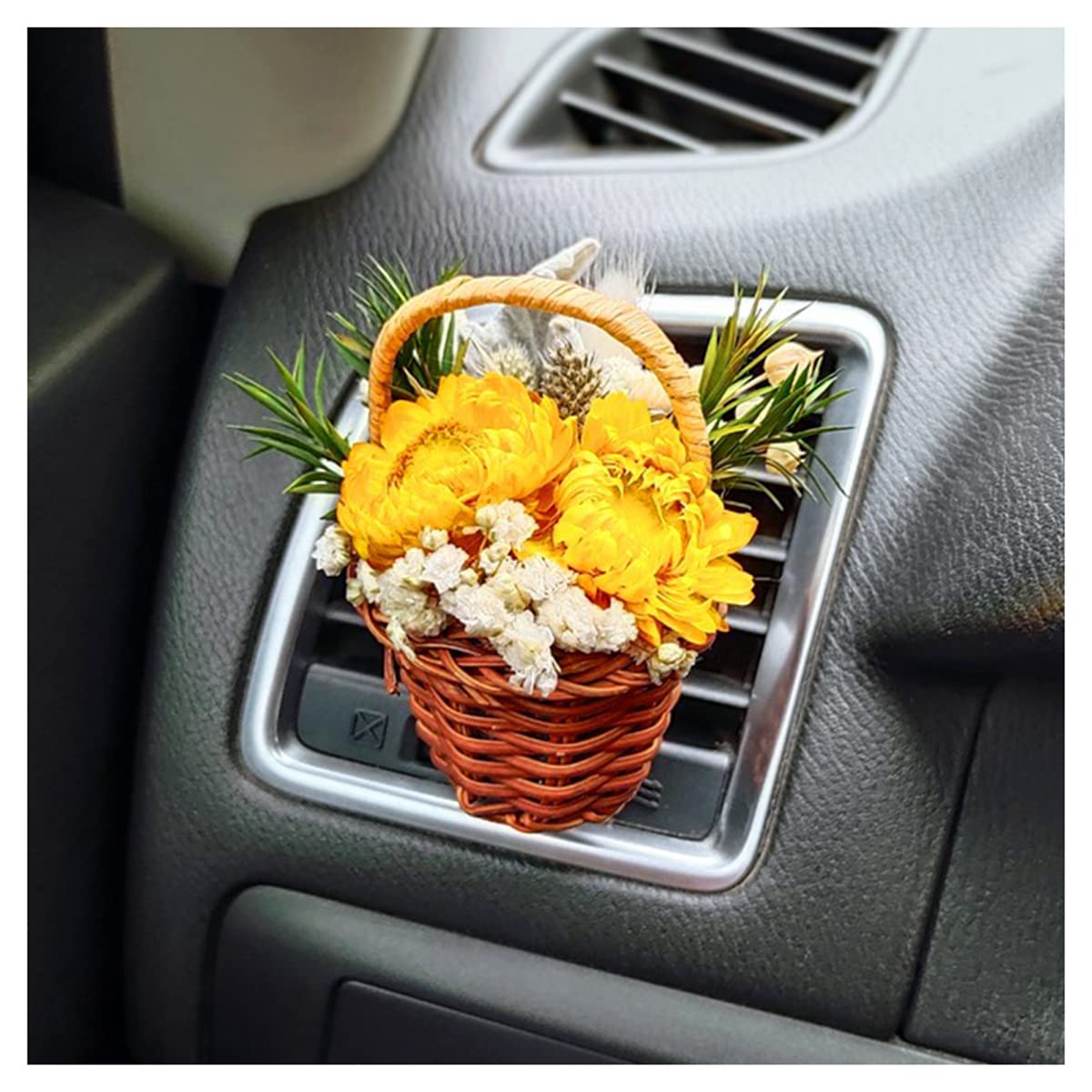 Queenbox Mini Dried Flower Basket Air Freshener Clip - Natural Gypsophila, Roses & Sunflowers for Car Vent, Home & Office Decor - Perfect for AC Vents, Air Freshener Holder & Aromatherapy Gifts