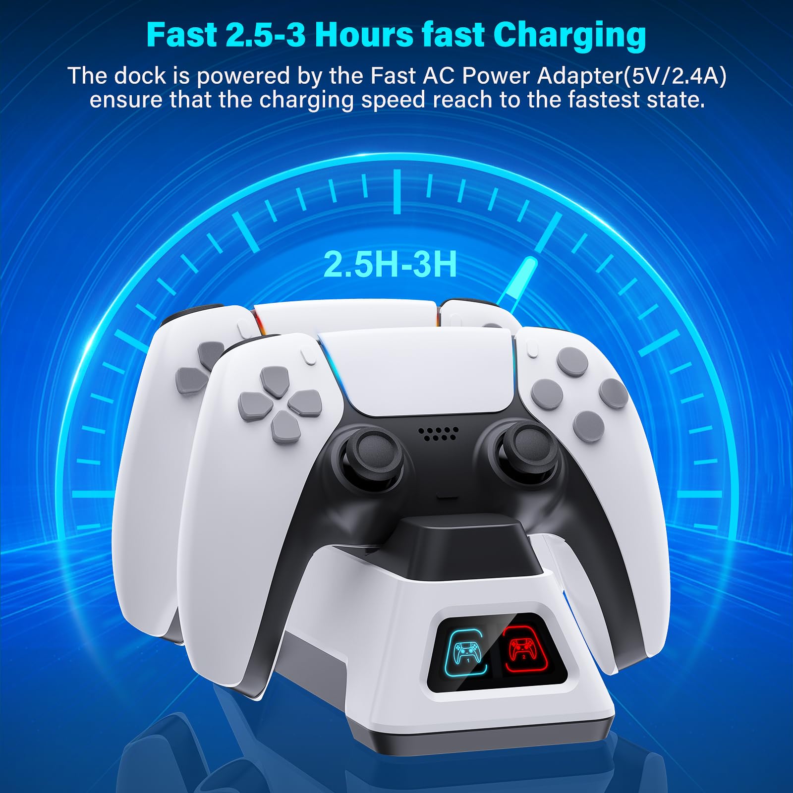 PS5 Controller Charger Station with LED Light & AC Adapter - Dual USB Charging Dock for PlayStation 5 DualSense & Edge Controllers - Fast Charging Gaming Accessory for Home & Office Setup