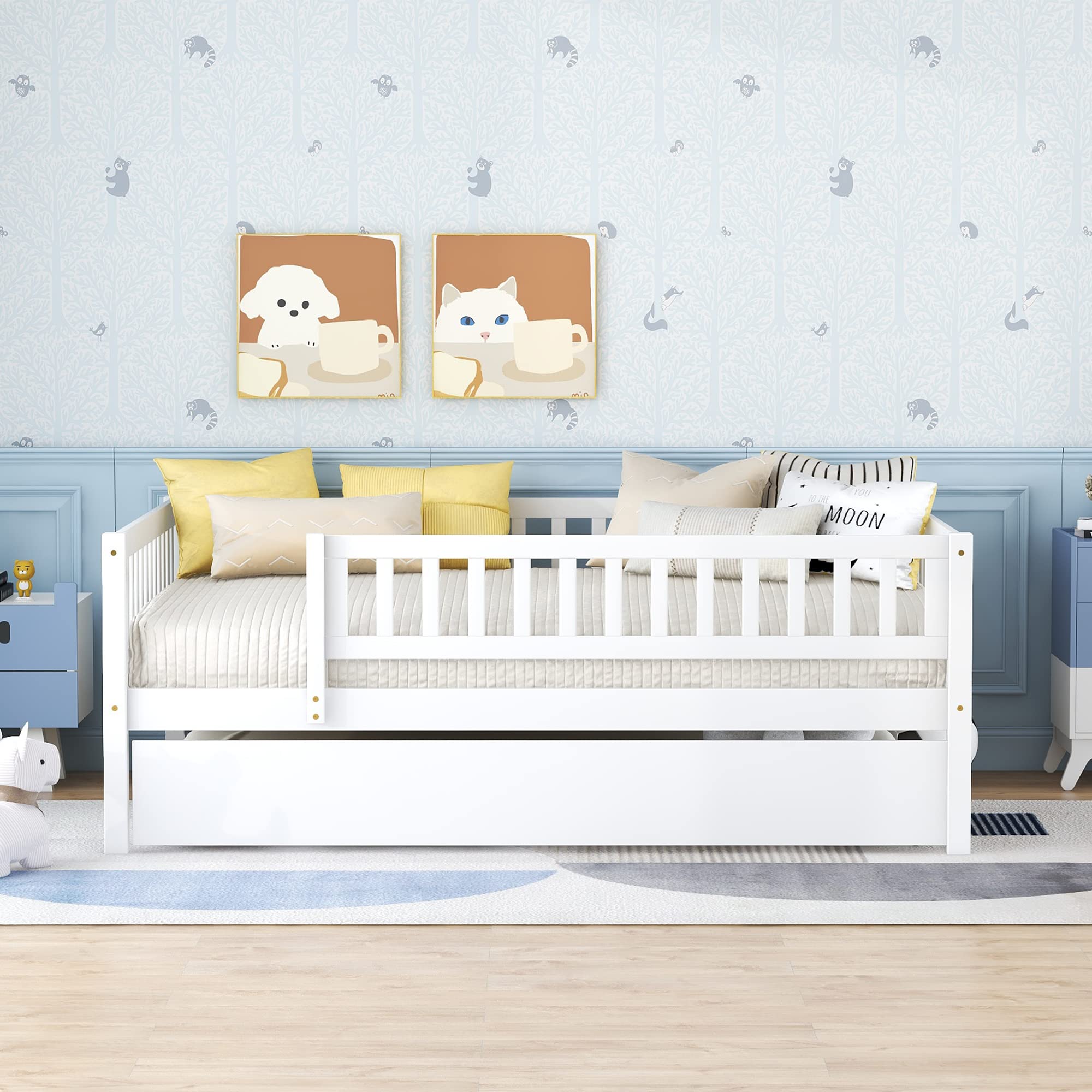 DEINPPA Full Size Wooden Daybed with Trundle - Twin Kids Bed Frame with Safety Guardrails for Boys, Girls, Toddlers & Children - White | Perfect for Nursery, Playroom & Small Bedroom Spaces