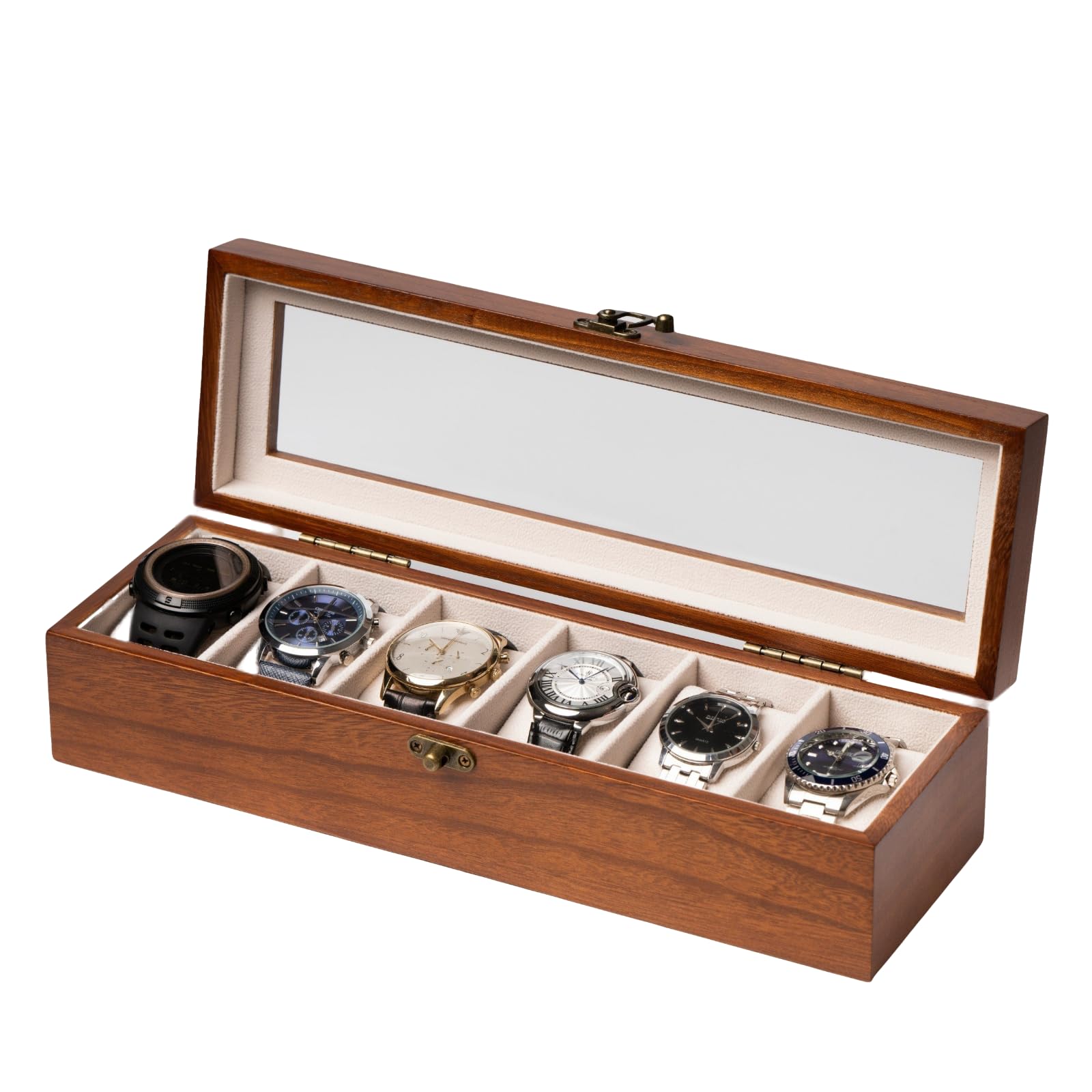 Premium Wooden Watch Box with Large Glass Lid - 6 Slot Watch Organizer for Men & Women - Luxury Watch Storage Case in Walnut Finish - Perfect for Display, Travel & Gift Giving
