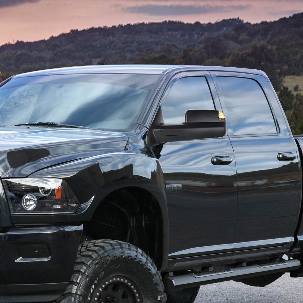 2010-2018 Dodge Ram 1500/2500/3500 Power Heated Towing Mirrors with LED Turn Signal & Puddle Light - Driver & Passenger Side Black Replacement Mirrors for Enhanced Visibility & Safety While Towing Trailers or Large Loads