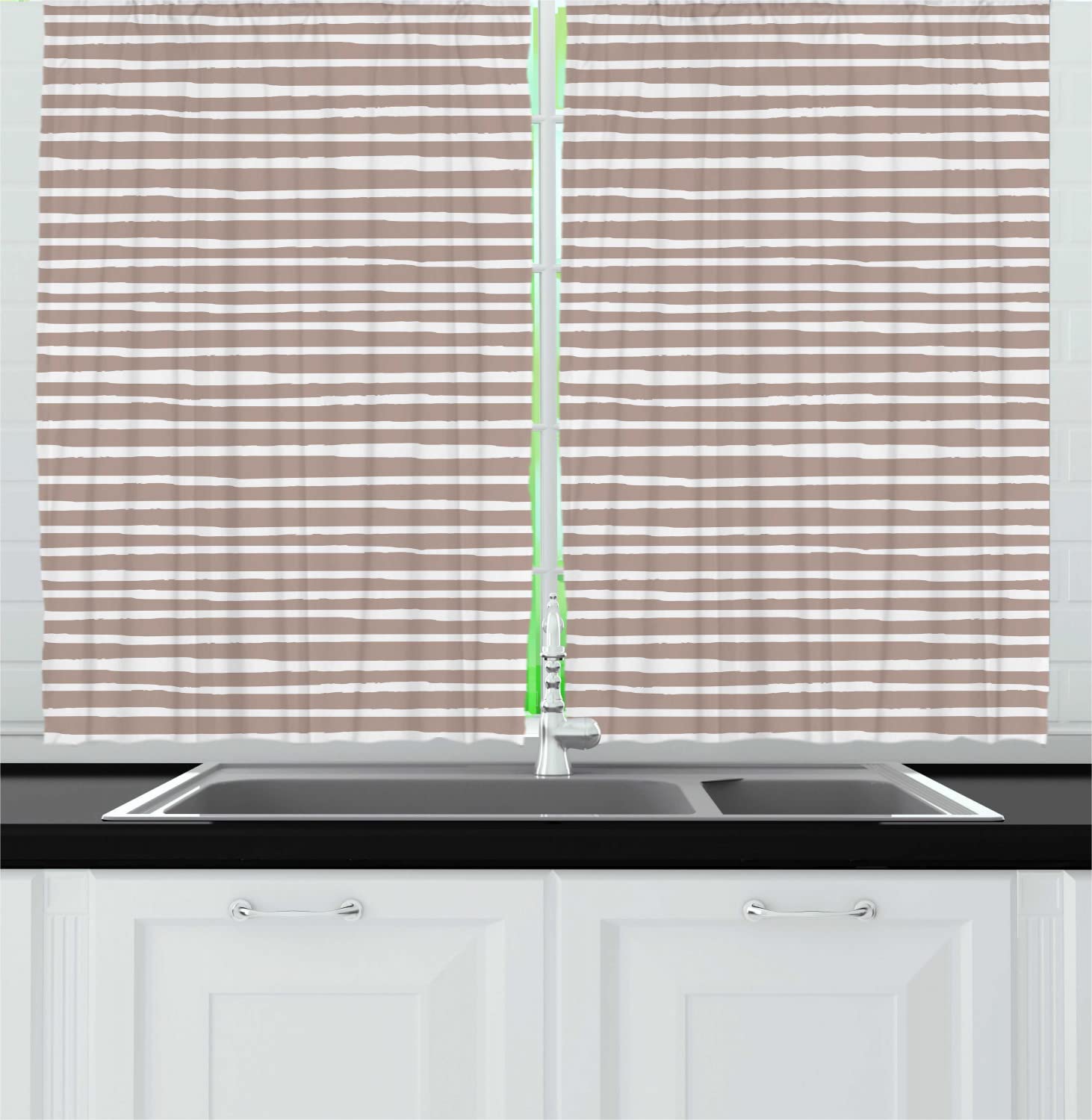 Ambesonne Abstract Long Kitchen Curtains - Minimalist Horizontal Brushstroke Stripes Hand Drawn Lines Contemporary Drapes with Rod Pocket, 55