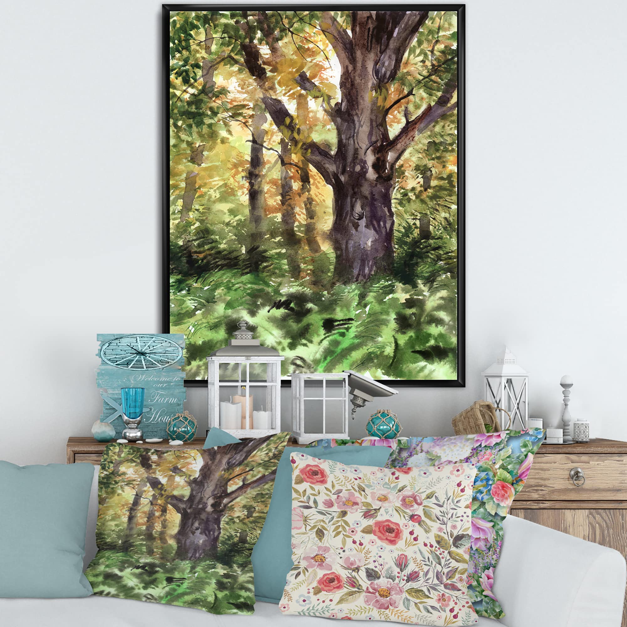 DesignQ Large Autumn Forest Tree - Lake House Framed Canvas Wall Art Print for Living Room, Bedroom & Office Decor