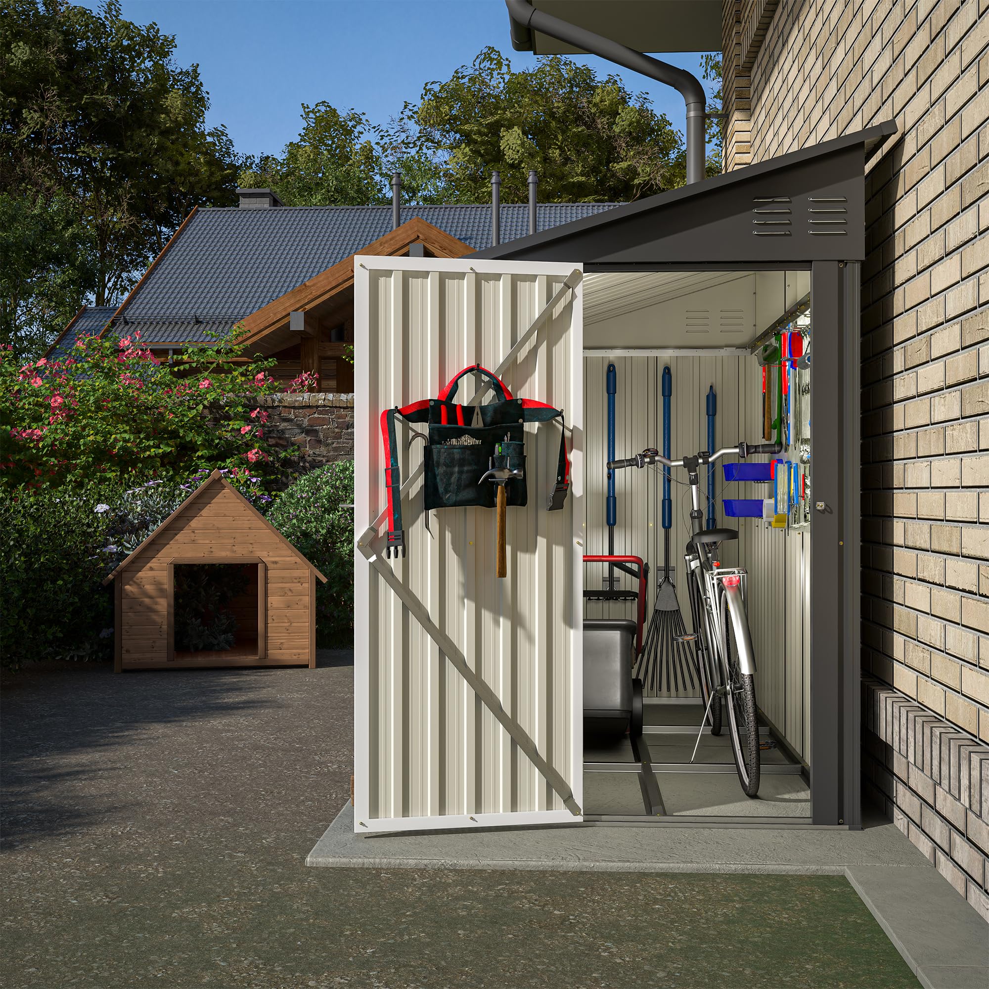 4' x 8' Black Metal Lean-to Storage Shed | Outdoor Garden Shed for Backyard, Patio & Yard Organization | Weather-Resistant Tool & Equipment Storage Solution for Gardening, Lawn Care & Outdoor Gear