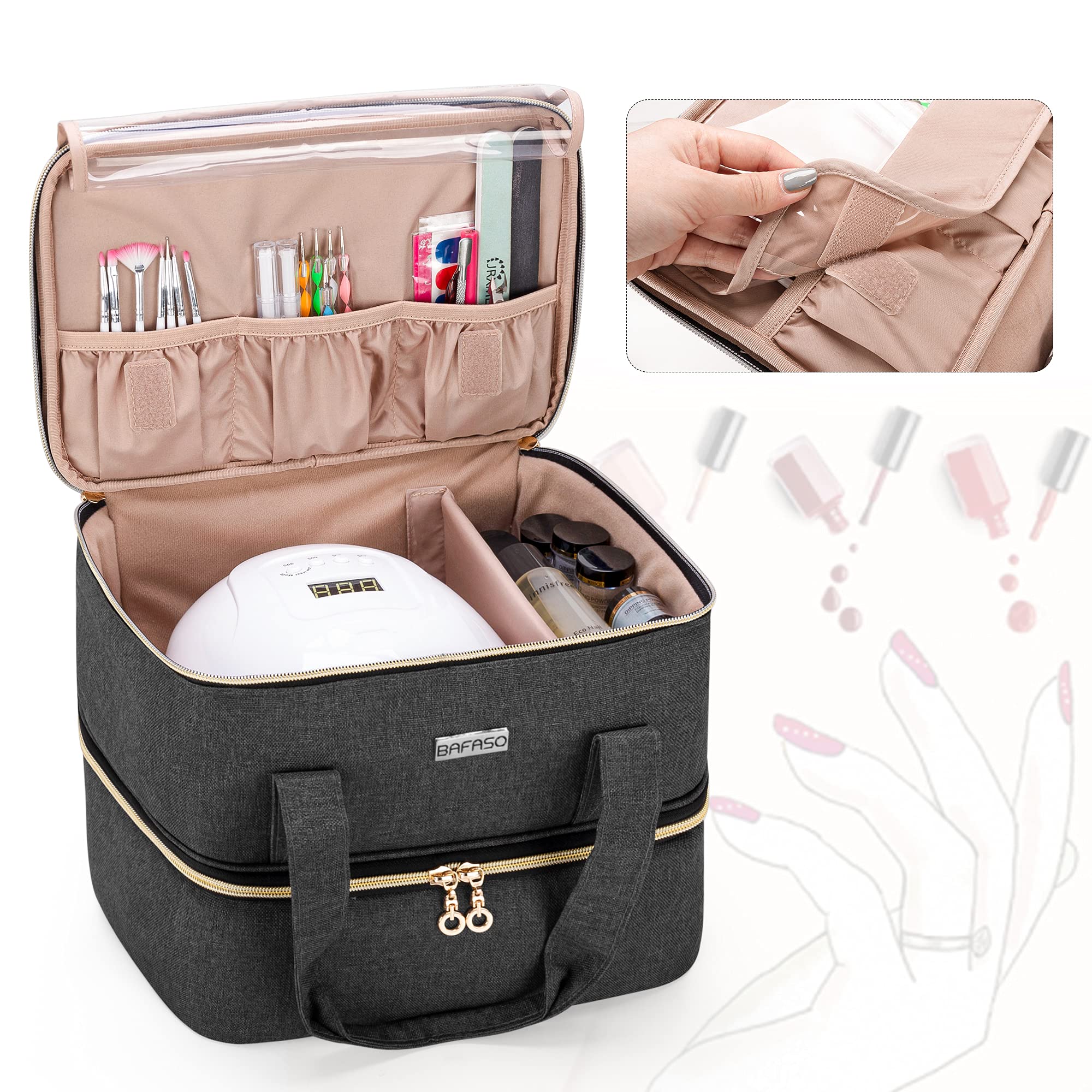 BAFASO Professional Nail Polish Organizer Case - Holds 40 Bottles (15ml/0.5oz) with UV/LED Lamp Storage & Manicure Tool Compartments | Portable Nail Art Carrying Bag for Salon, Travel & Home Use - Black
