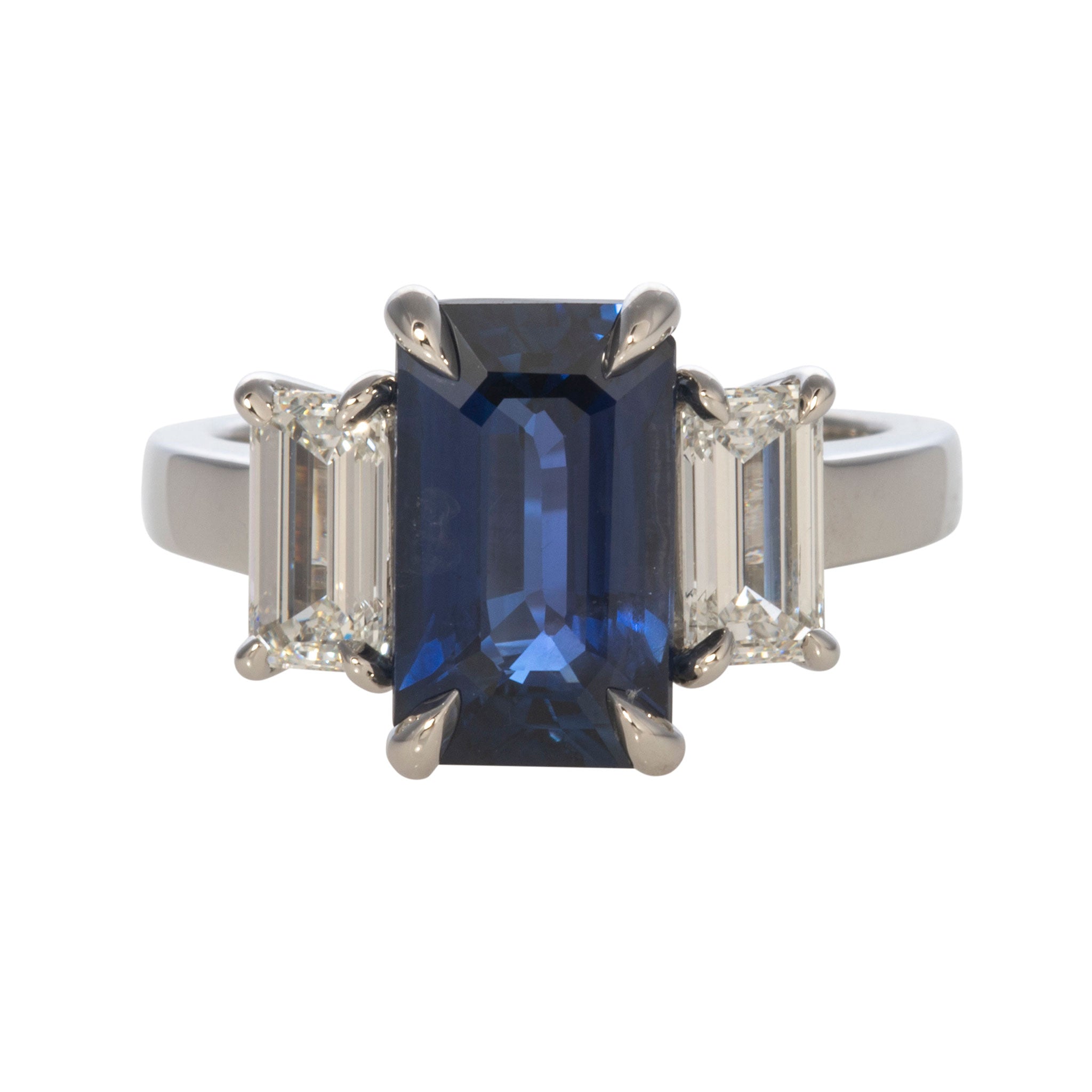 3.58ct Emerald Cut Sapphire & Diamond Three Stone Platinum Engagement Ring - Perfect for Wedding, Anniversary, and Proposal Gifts