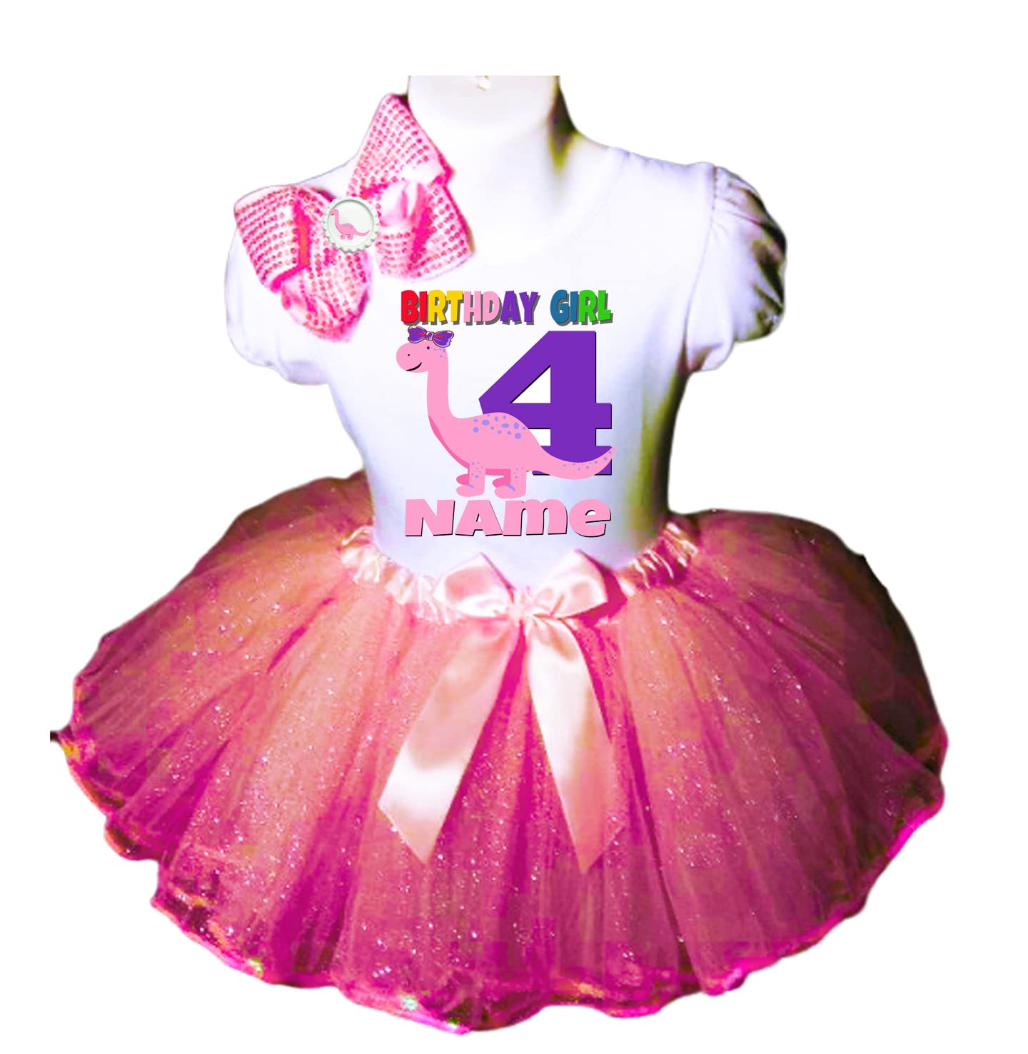 Dinosaur Birthday Outfit for Girls - Personalized 4th Birthday Tutu Dress in Pink | Fast Shipping | Perfect for Dinosaur Themed Parties, Birthday Photos & Costume Events